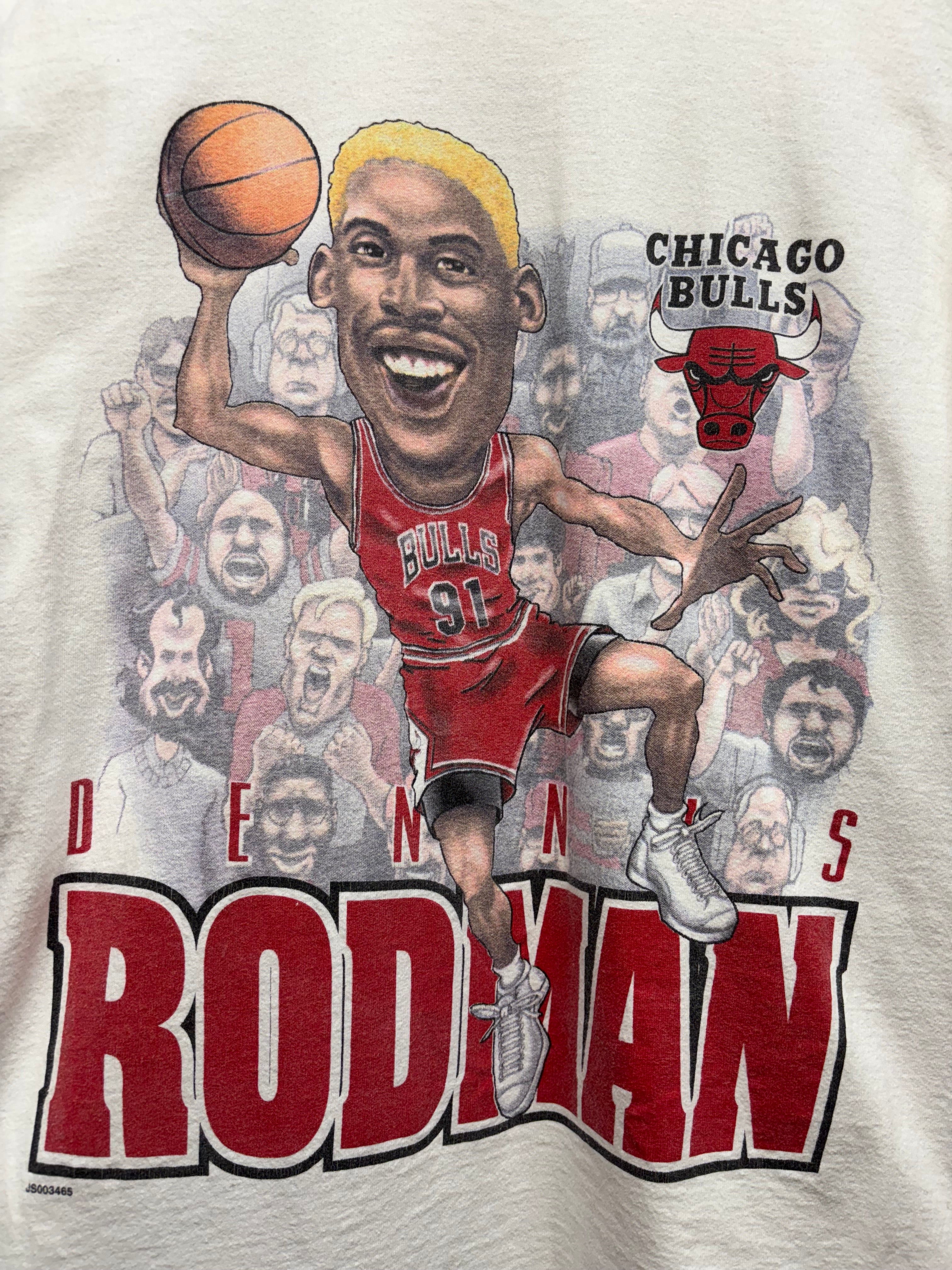 Vintage Dennis Rodman Caricature Chicago Bulls 90's White T-Shirt: Large