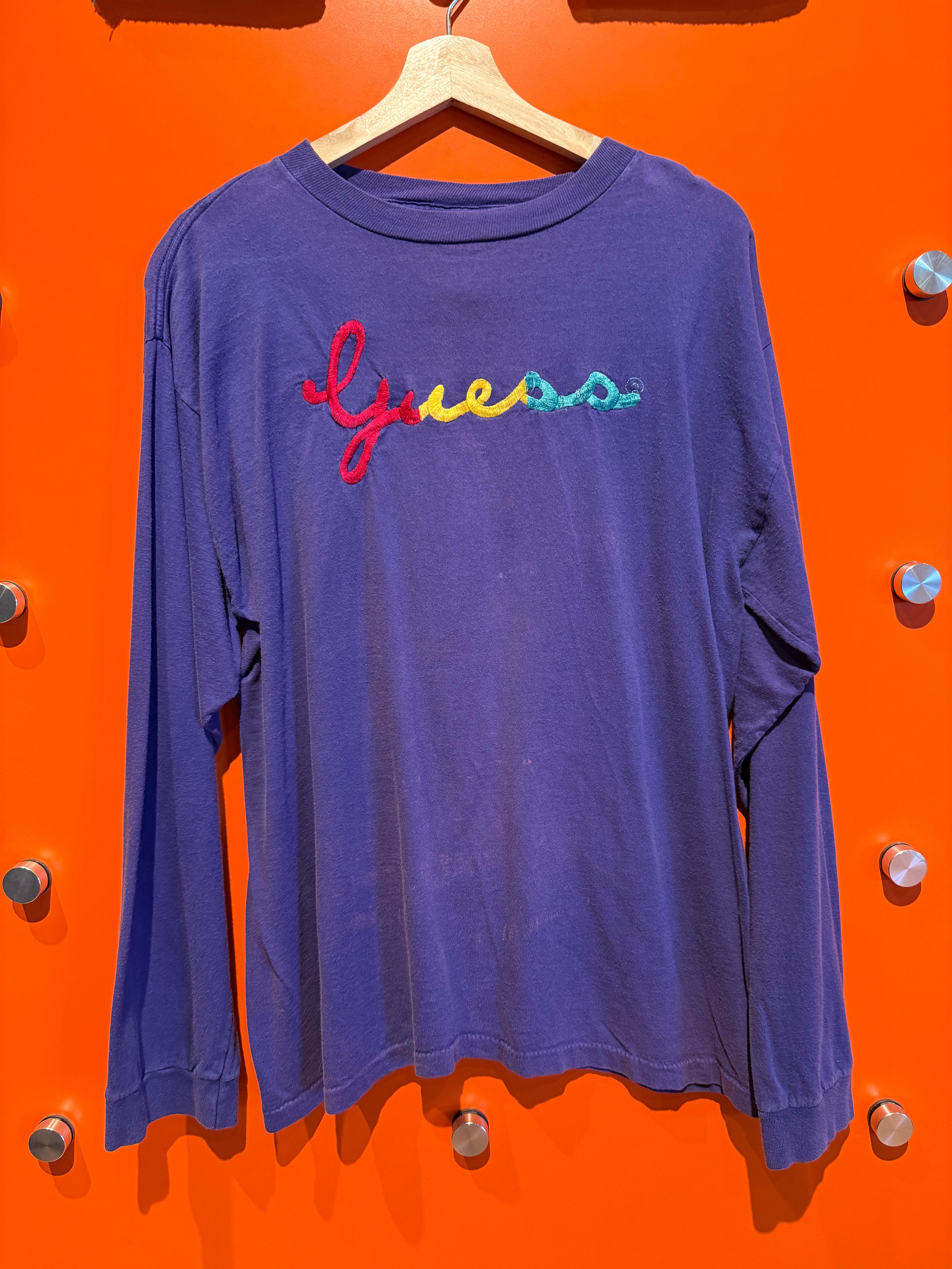 Vintage Guess USA Embroidered Longsleeve Purple T-Shirt: Large