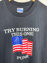 Load image into Gallery viewer, Vintage American Flag &quot;Try Burning This One Punk&quot; Black T-Shirt: XL
