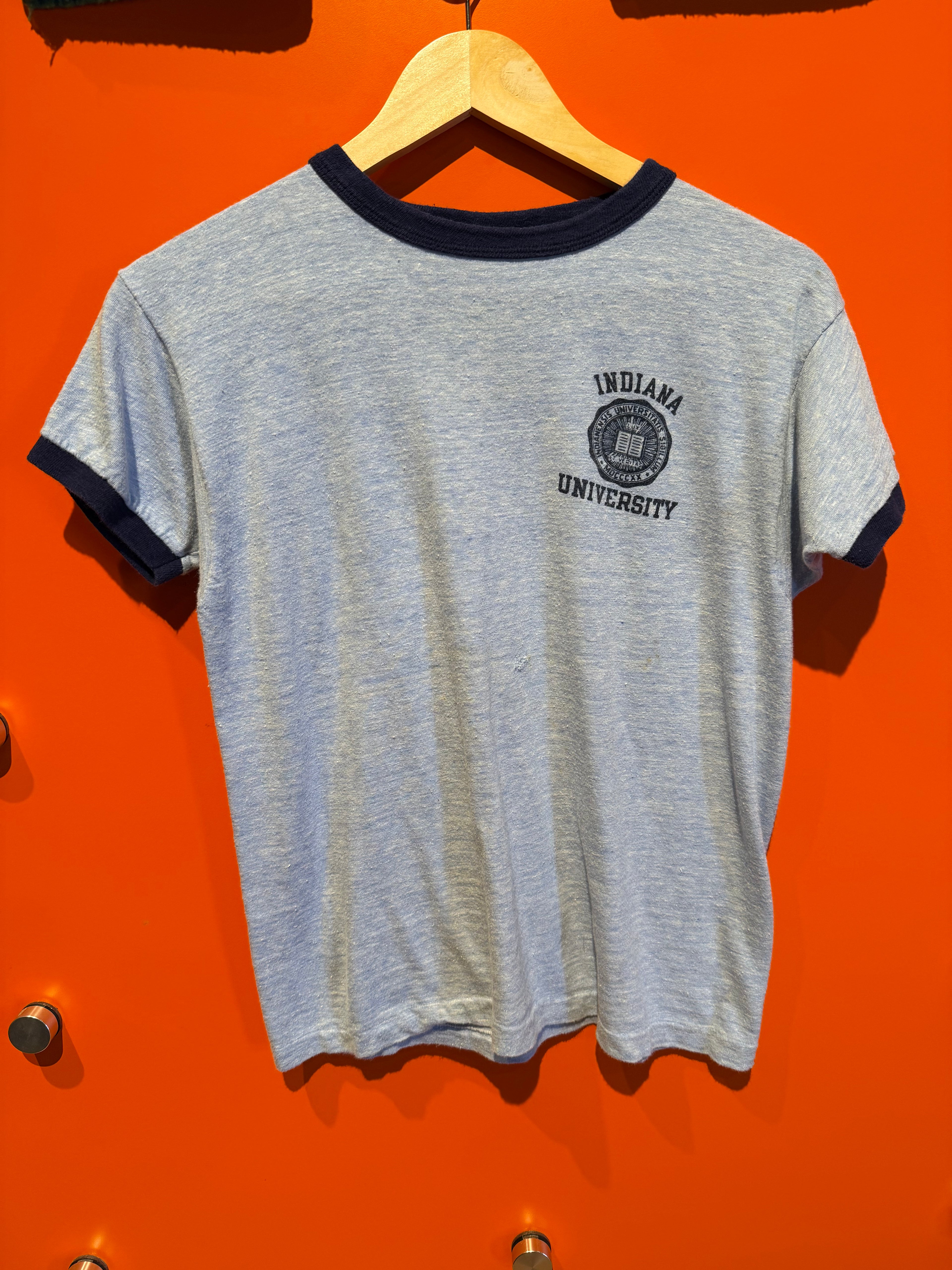 Vintage Indiana University IU Blue Bar 70's Champion Ringer T-Shirt: S/M