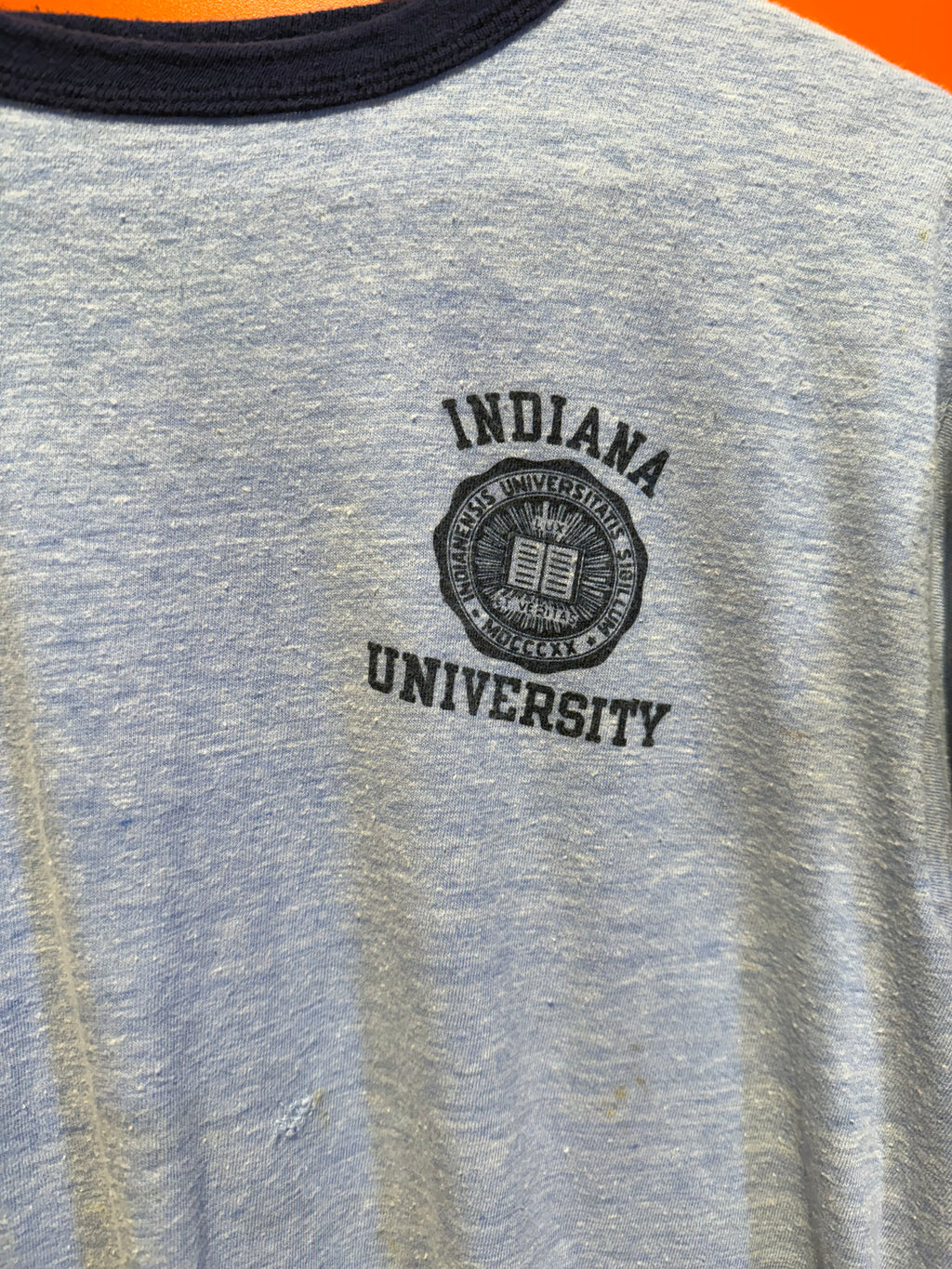 Vintage Indiana University IU Blue Bar 70's Champion Ringer T-Shirt: S/M