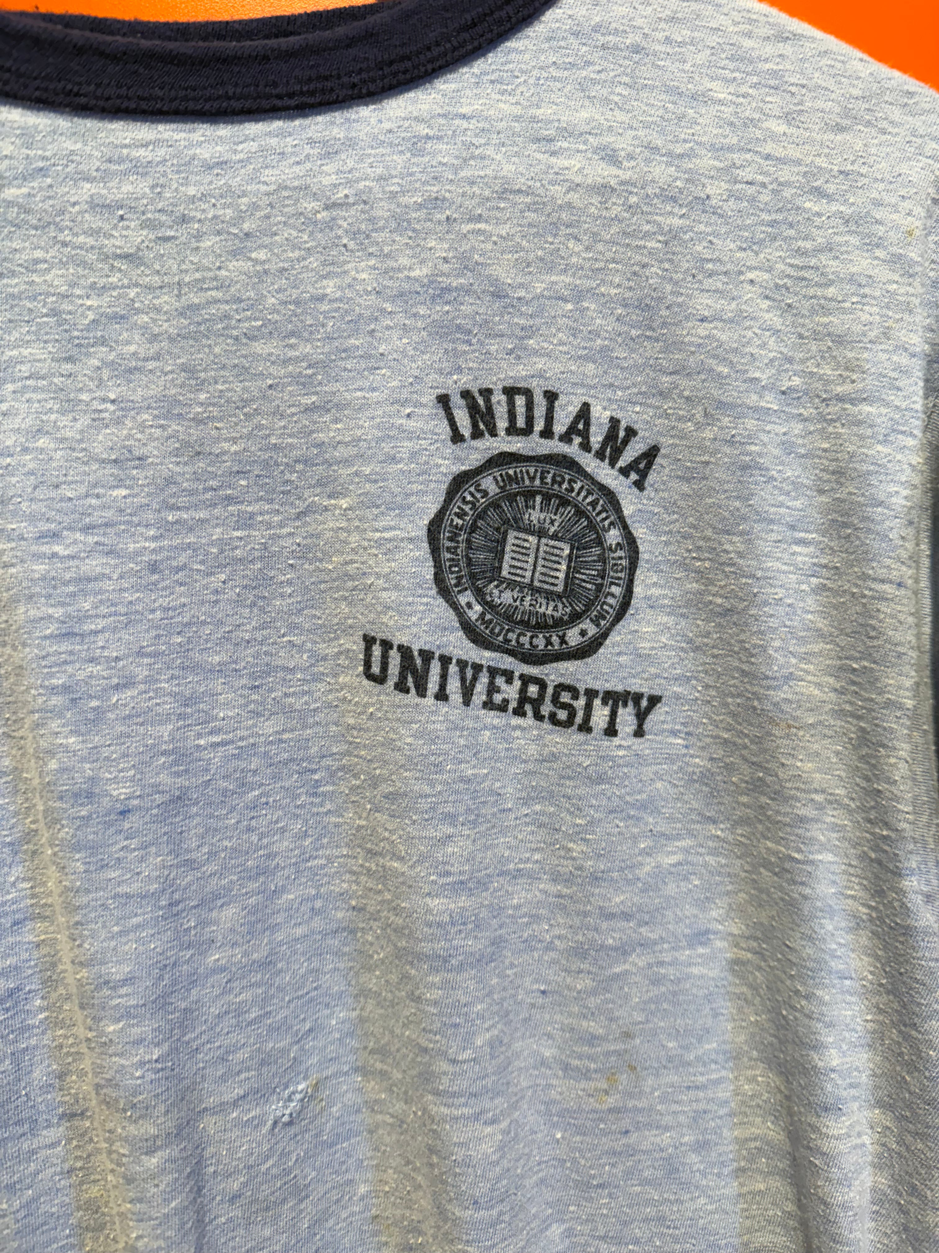 Vintage Indiana University IU Blue Bar 70's Champion Ringer T-Shirt: S/M