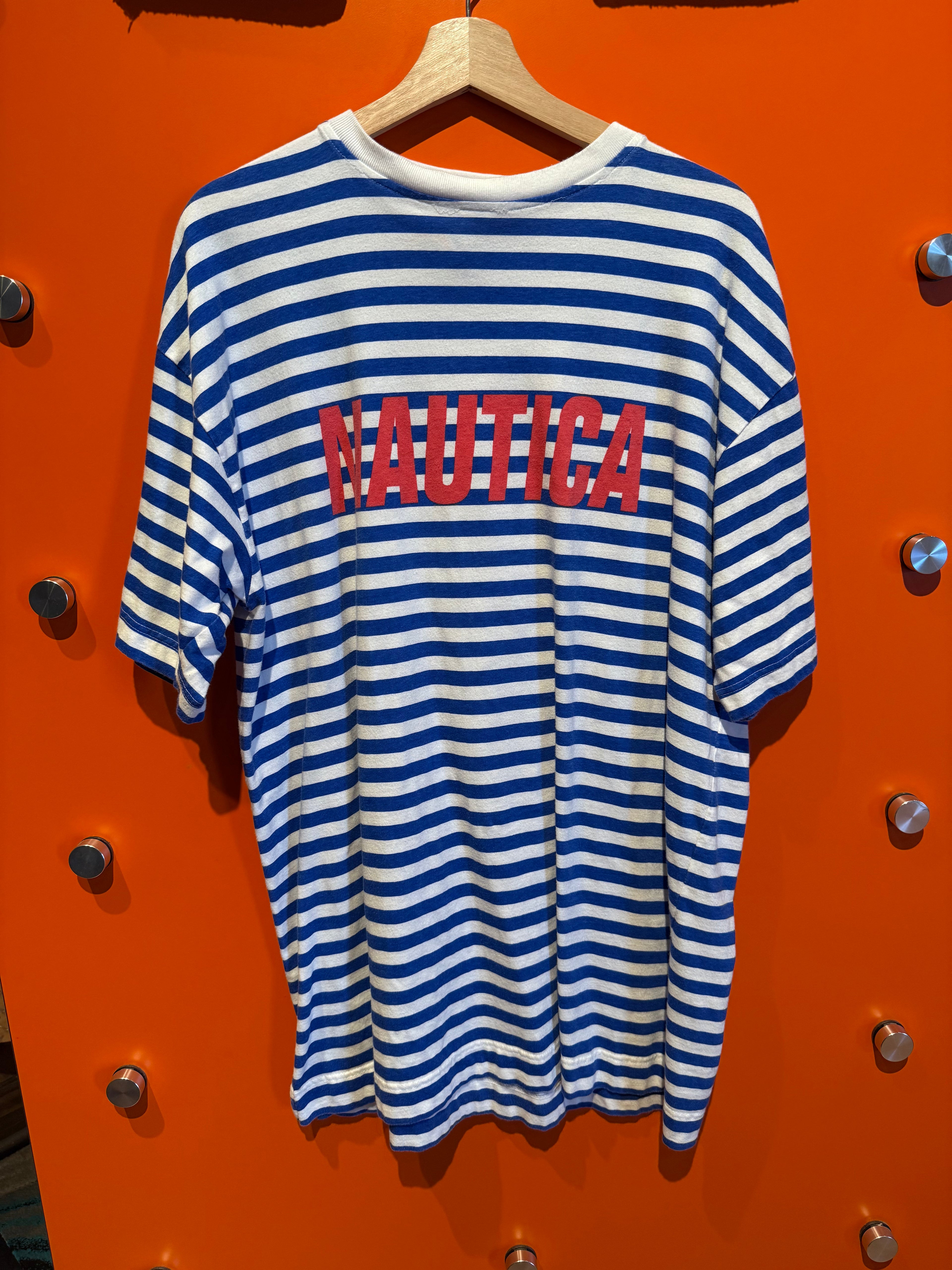 Vintage Striped Nautica Blue White Spellout T-Shirt: L