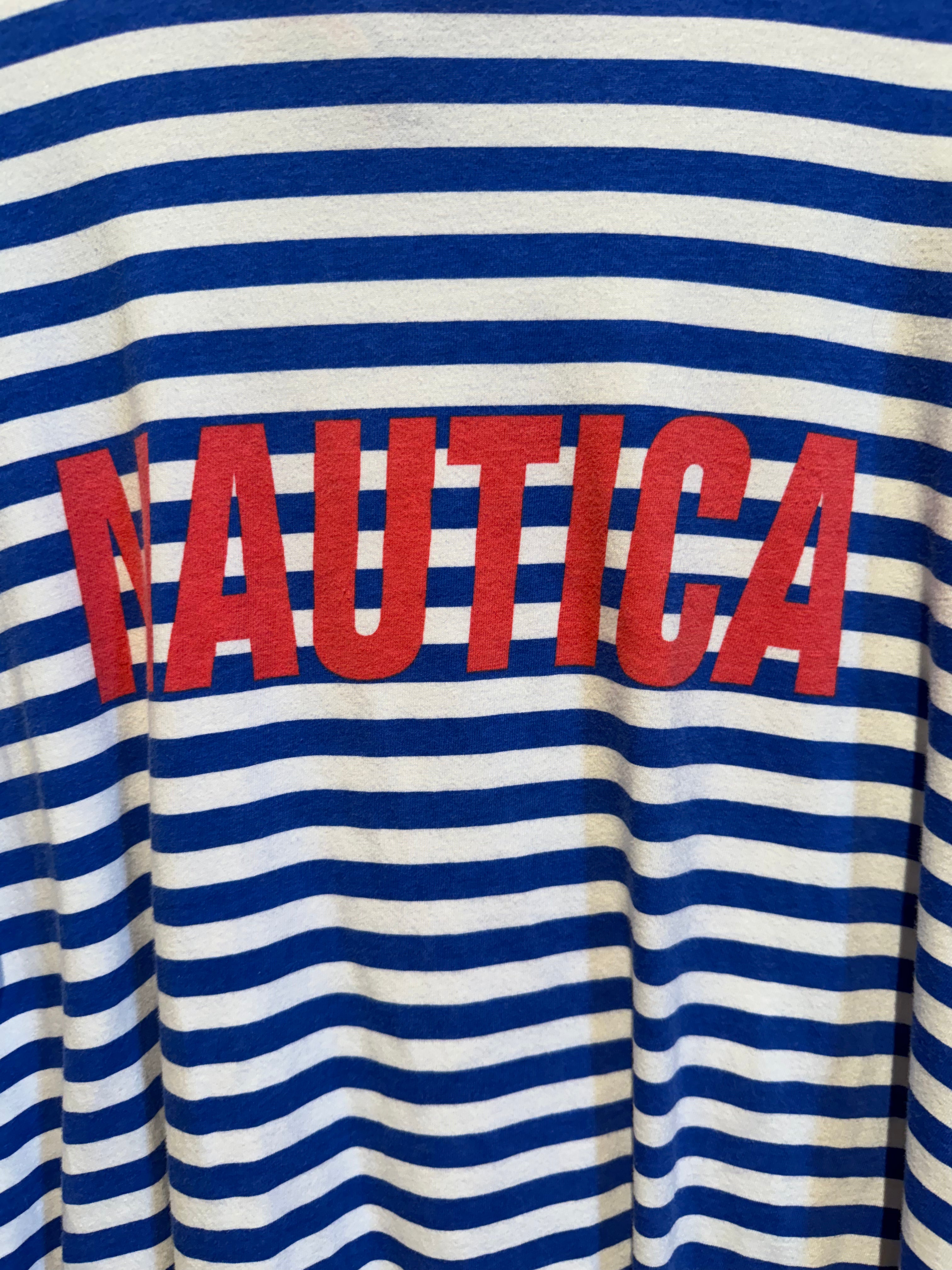 Vintage Striped Nautica Blue White Spellout T-Shirt: L