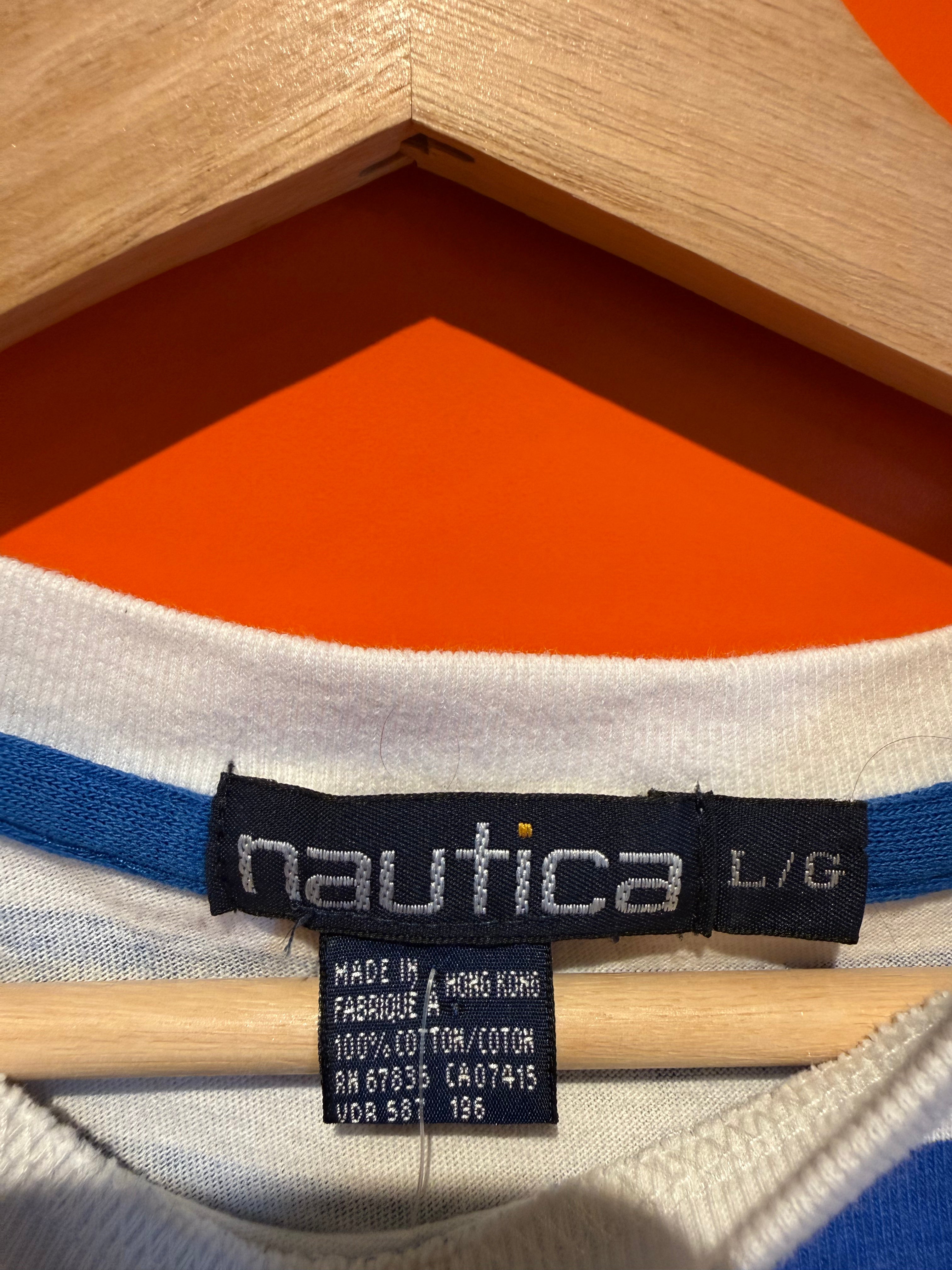 Vintage Striped Nautica Blue White Spellout T-Shirt: L