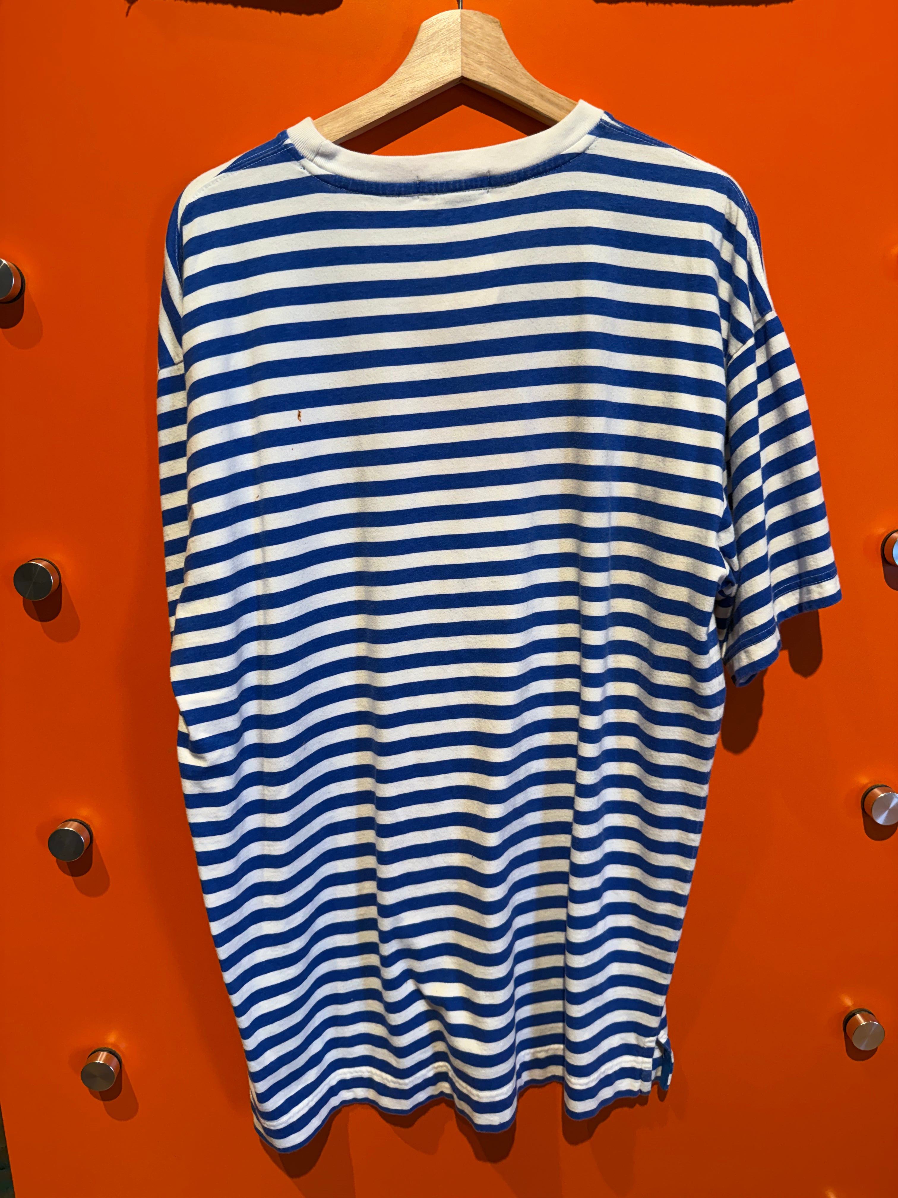 Vintage Striped Nautica Blue White Spellout T-Shirt: L