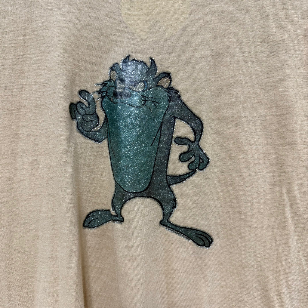 Vintage Sparkling Tasmanian Devil Iron On 70's Tan T-Shirt: M