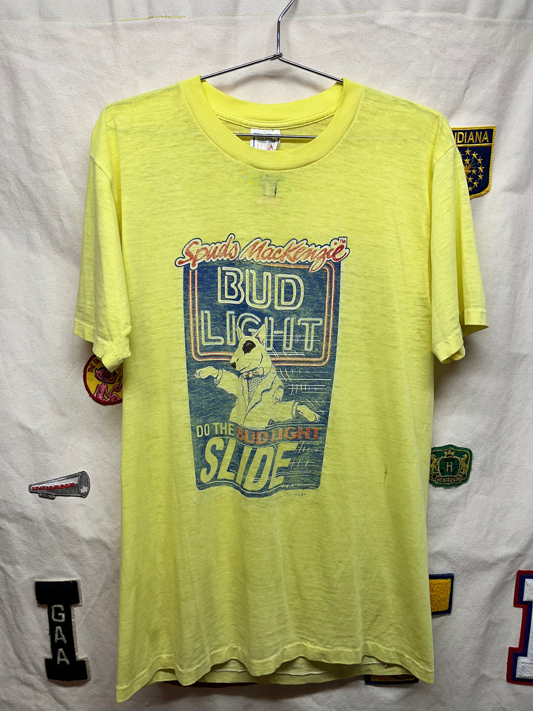 Vintage Bud Light Slide Spuds Mackenzie 80's Yellow Paper Thin T-Shirt: XL