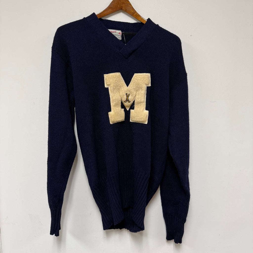 Vintage Memorial High School Evansville Golf Knit Navy Coane Letter Sweater: M/L