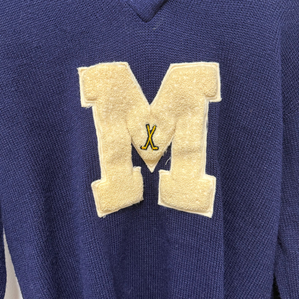 Vintage Memorial High School Evansville Golf Knit Navy Coane Letter Sweater: M/L