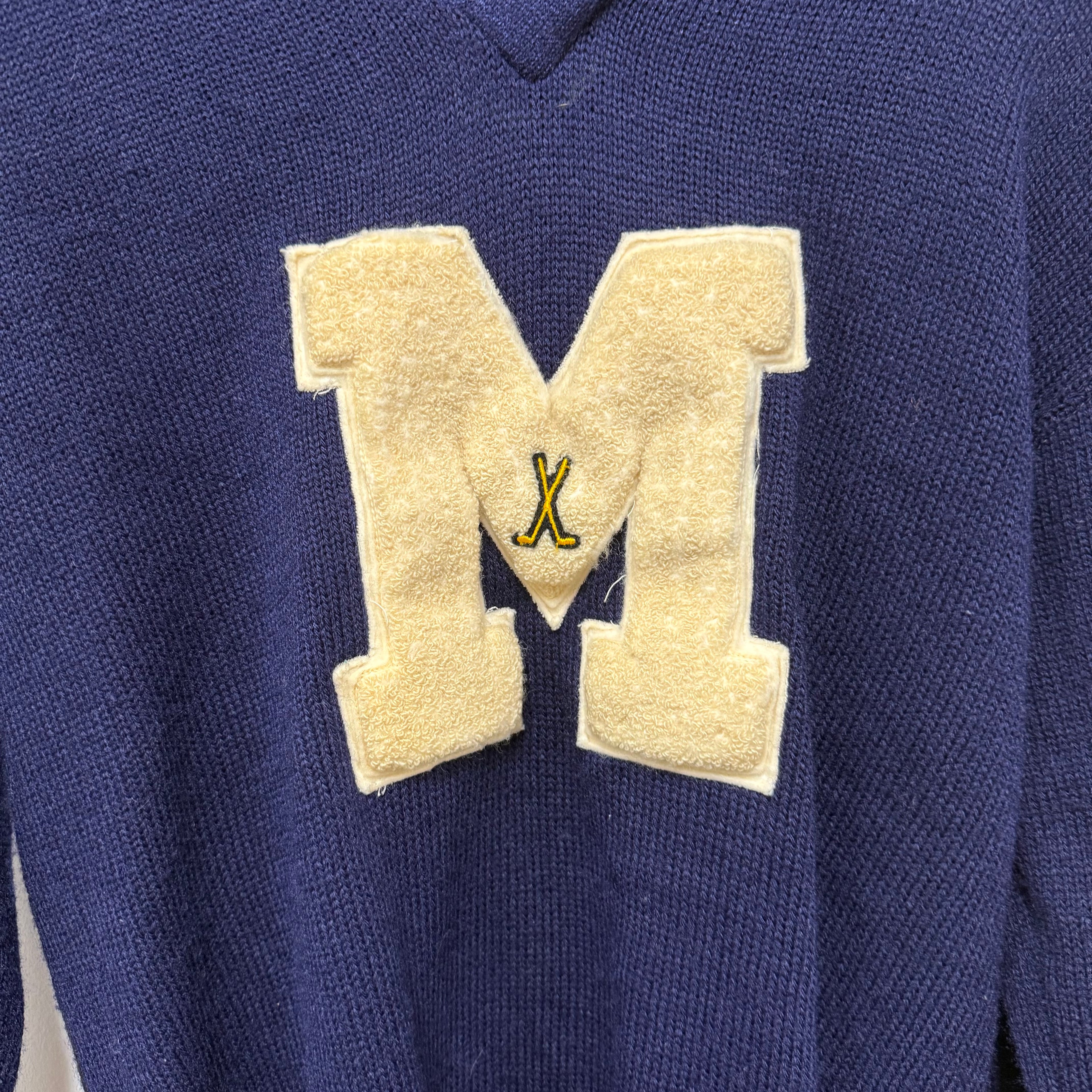 Vintage Memorial High School Evansville Golf Knit Navy Coane Letter Sweater: M/L