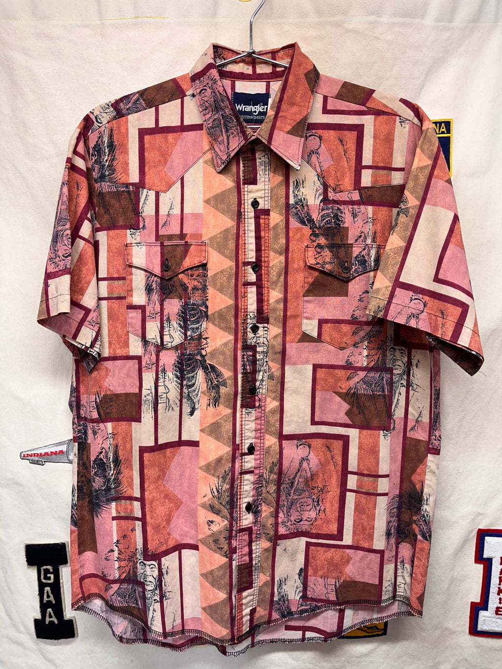 Vintage Wrangler Western Native American Pink Aztec Button Up Shirt: Large