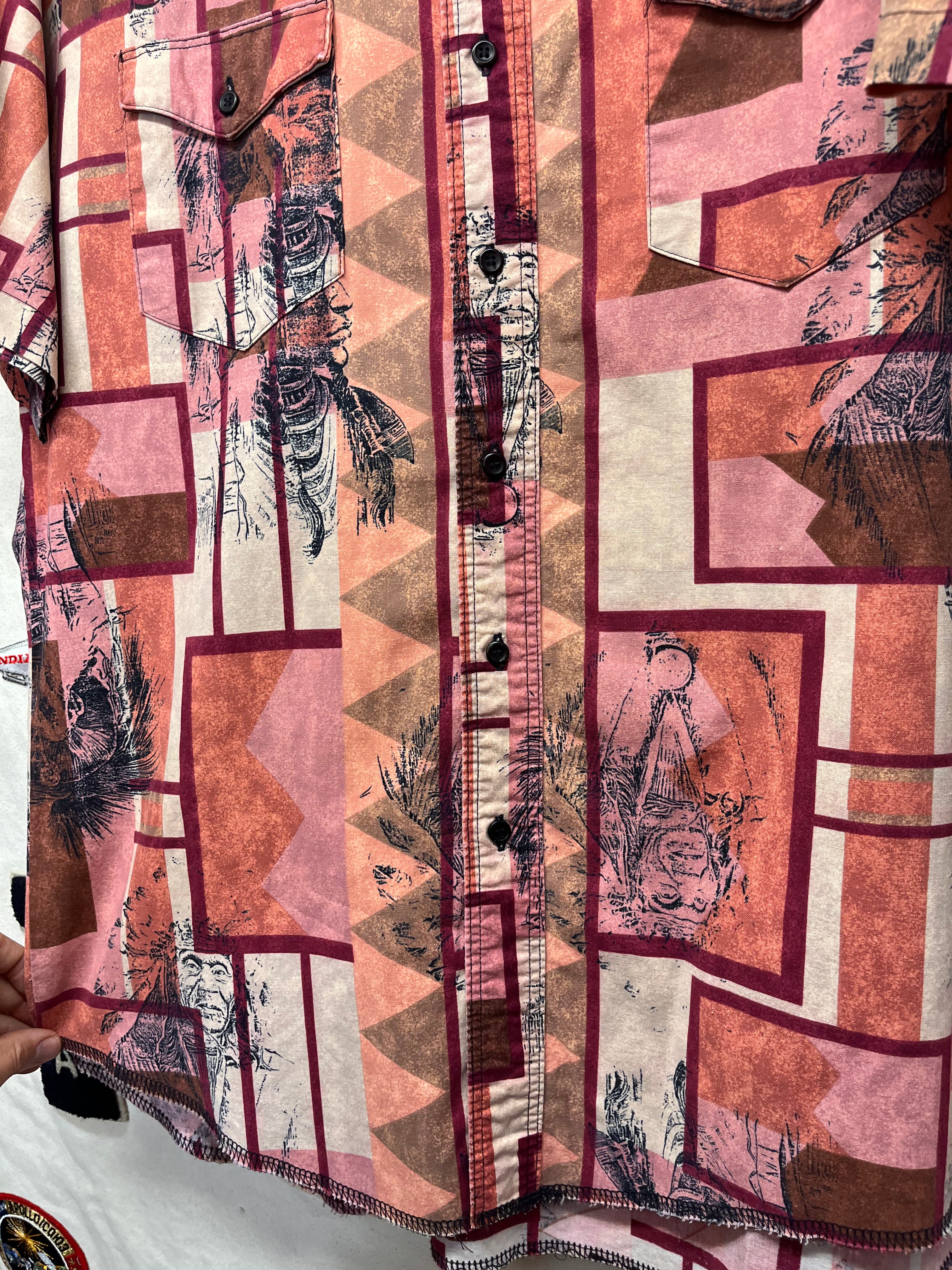 Vintage Wrangler Western Native American Pink Aztec Button Up Shirt: Large