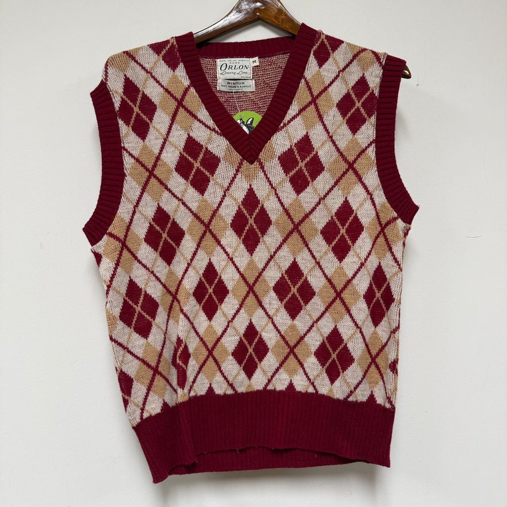 Vintage Red Argyle Orlon Knit 70's Sweater Vest: M