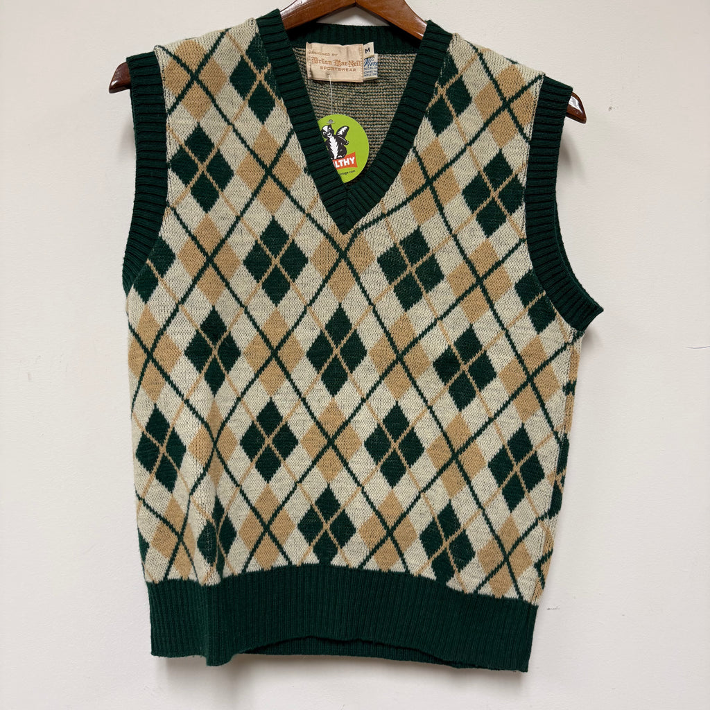 Vintage Green Argyle Orlon Knit 70's Sweater Vest: M