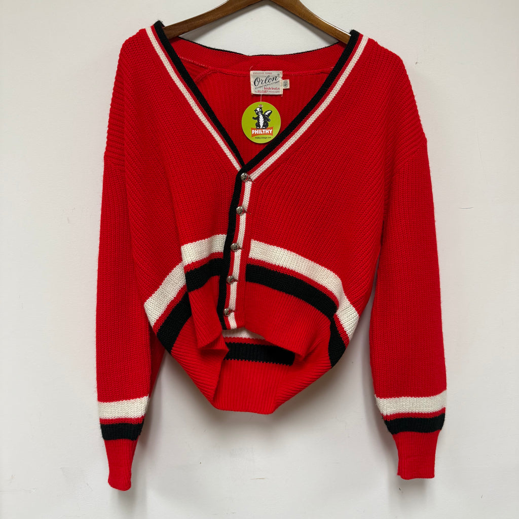 Vintage Red Striped Orlon Rugby Knit Cardigan Sweater: M