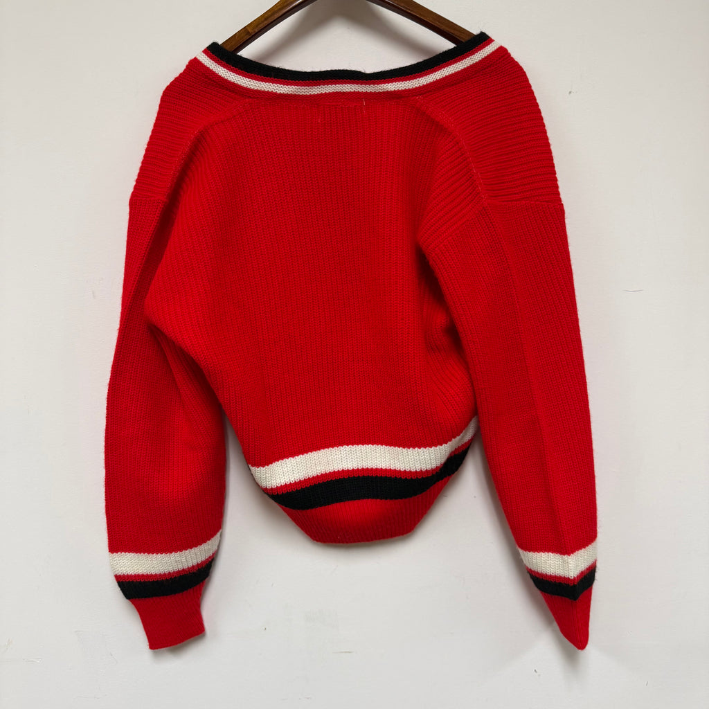Vintage Red Striped Orlon Rugby Knit Cardigan Sweater: M