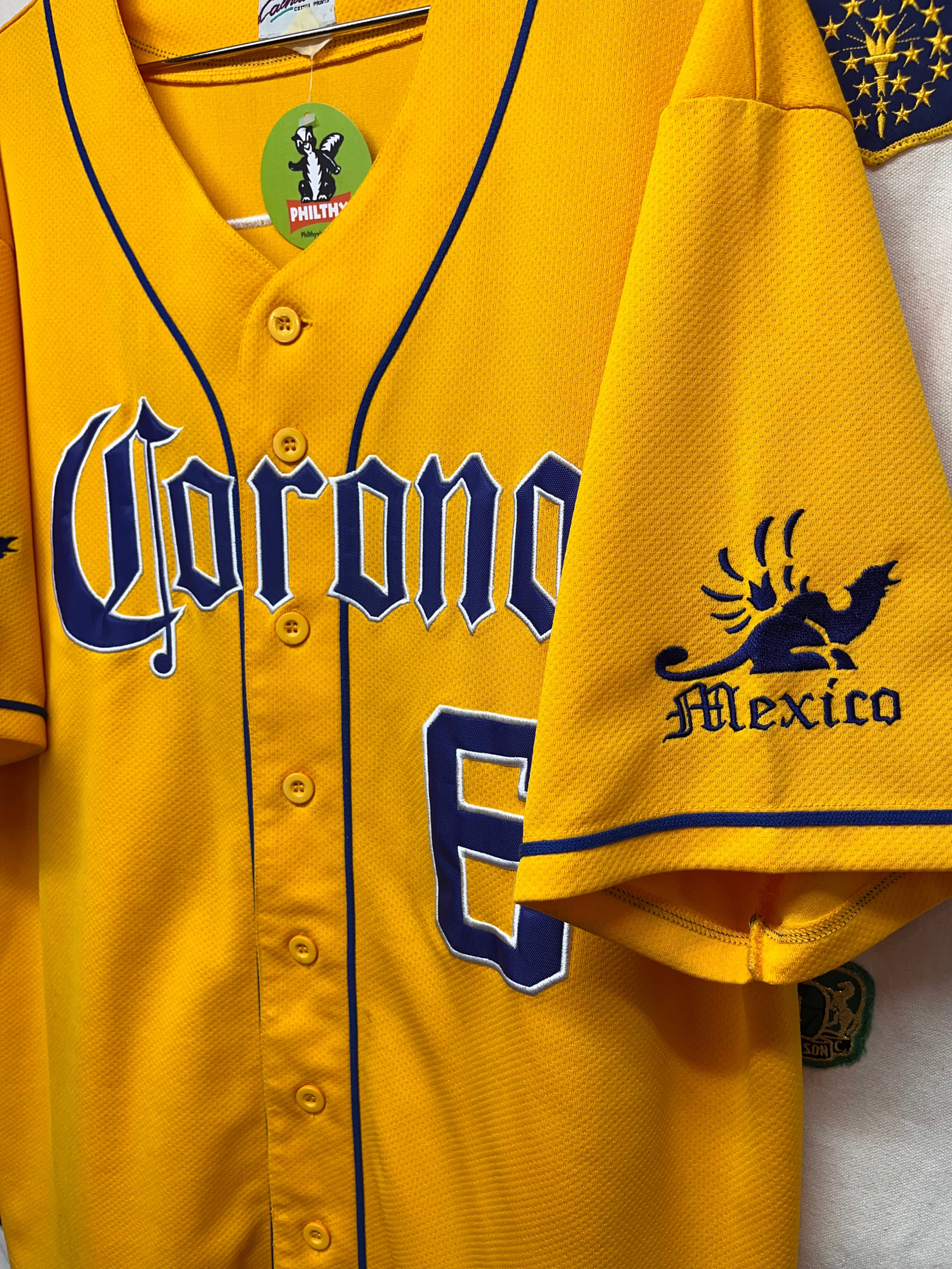 Vintage Corona Beer Mexico Yellow Calhoun Baseball Jersey: XL