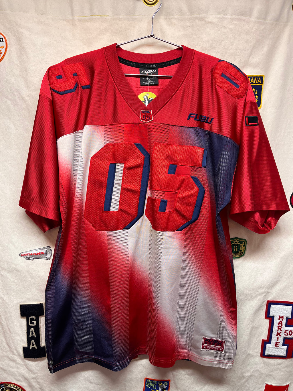 Vintage Fubu Red Blue Gradient Y2K Mesh Football Jersey: XL