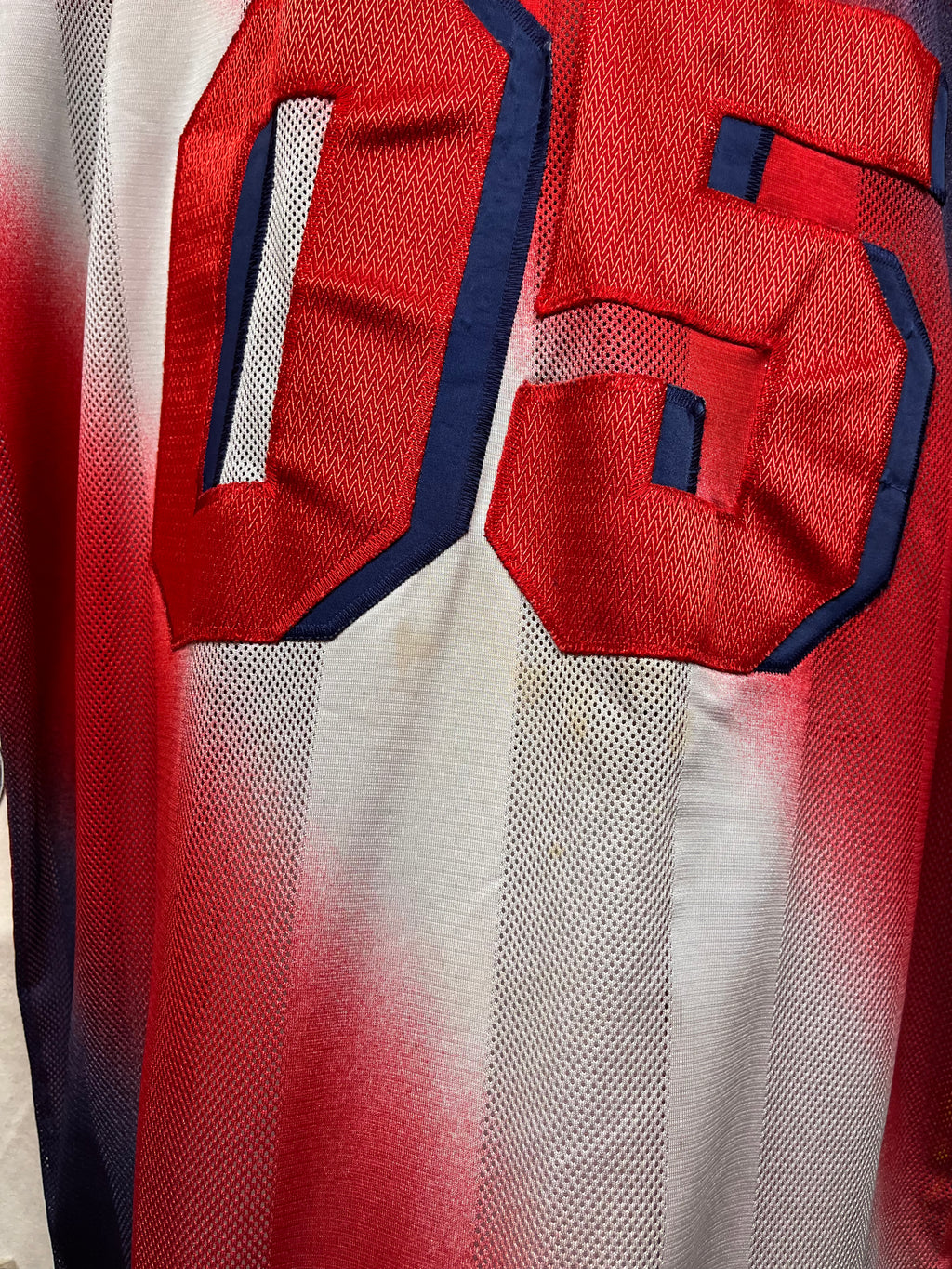 Vintage Fubu Red Blue Gradient Y2K Mesh Football Jersey: XL