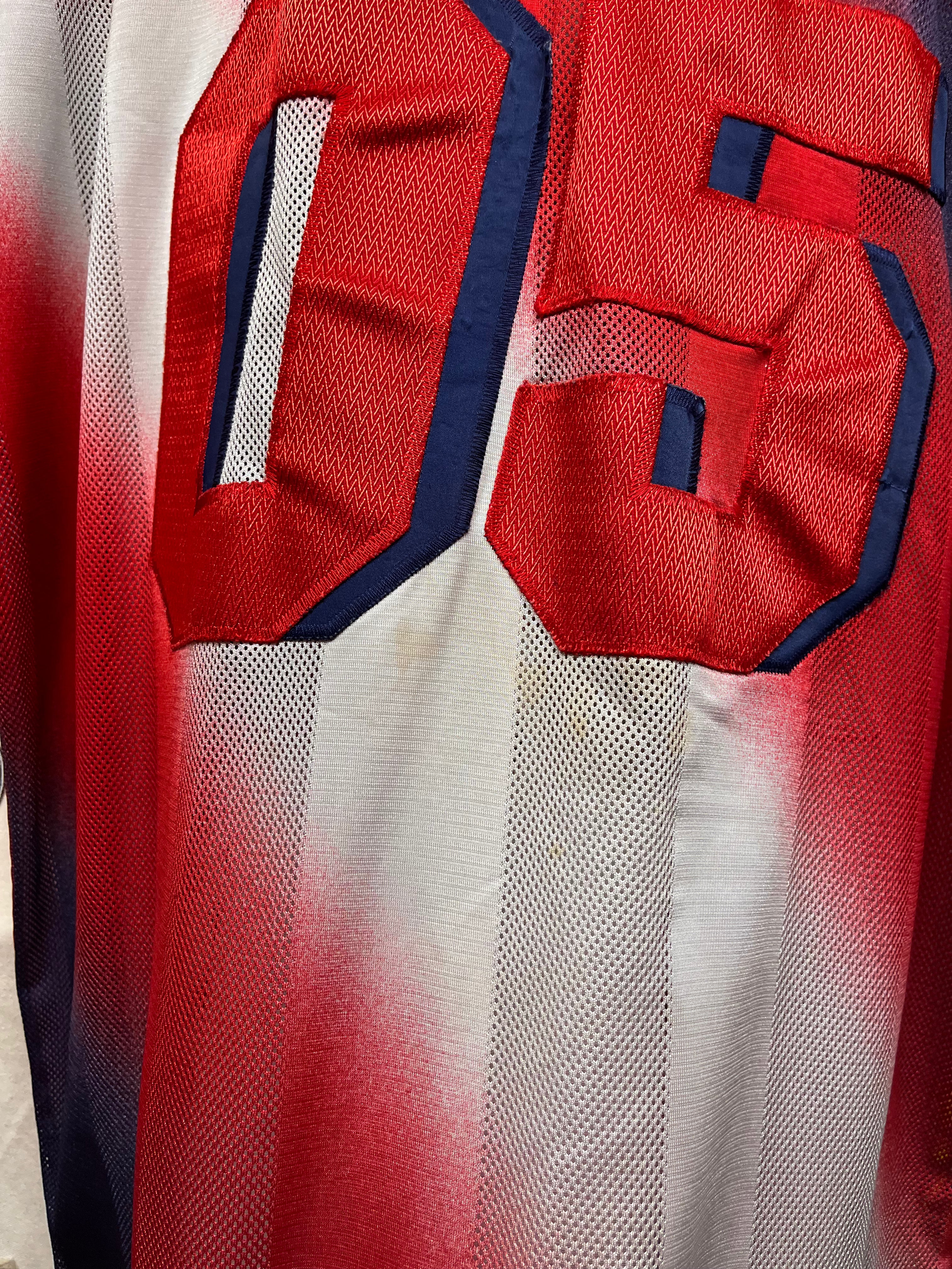 Vintage Fubu Red Blue Gradient Y2K Mesh Football Jersey: XL