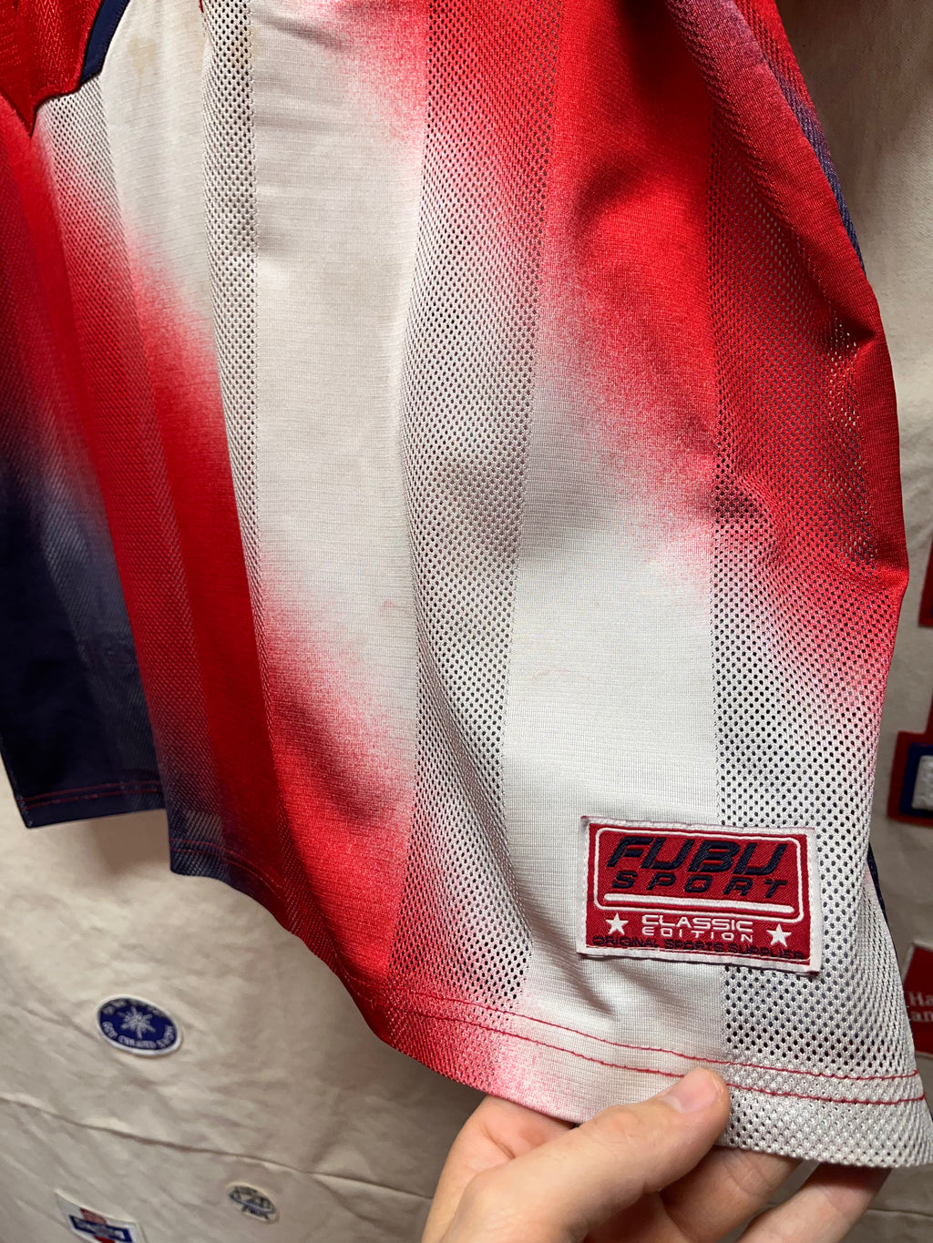 Vintage Fubu Red Blue Gradient Y2K Mesh Football Jersey: XL