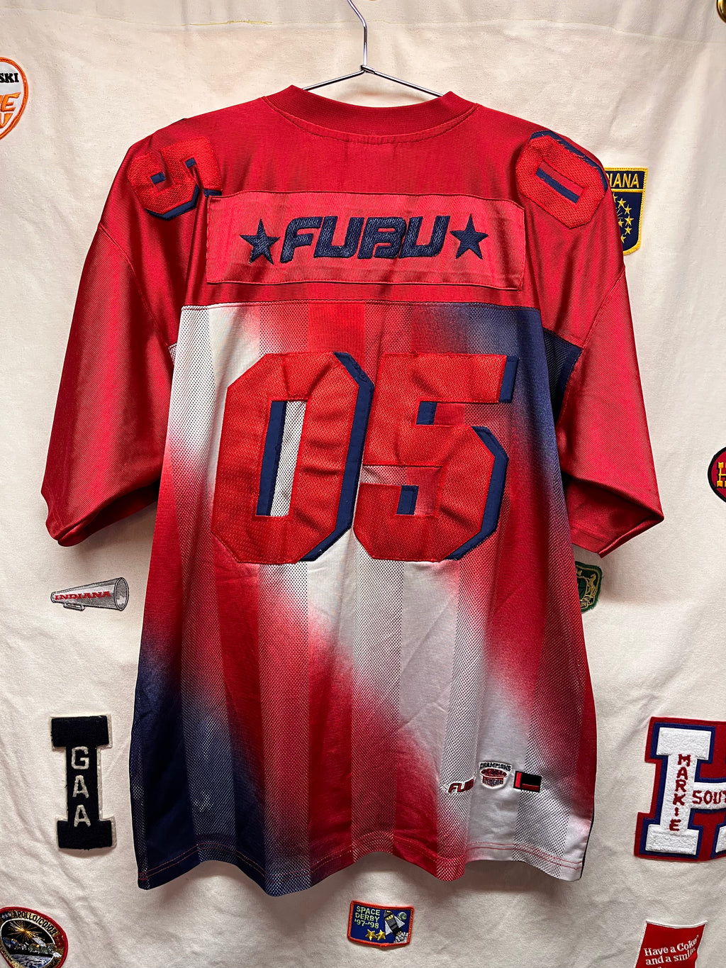 Vintage Fubu Red Blue Gradient Y2K Mesh Football Jersey: XL