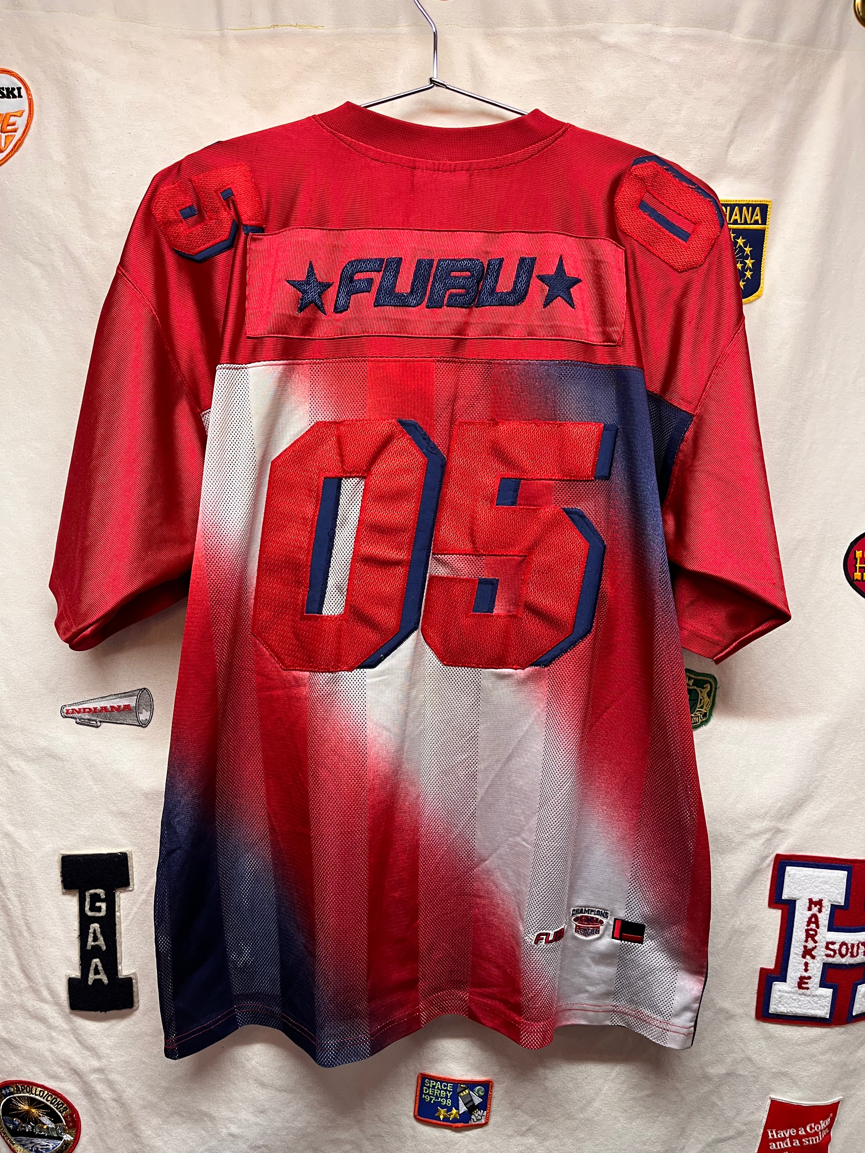 Vintage Fubu Red Blue Gradient Y2K Mesh Football Jersey: XL