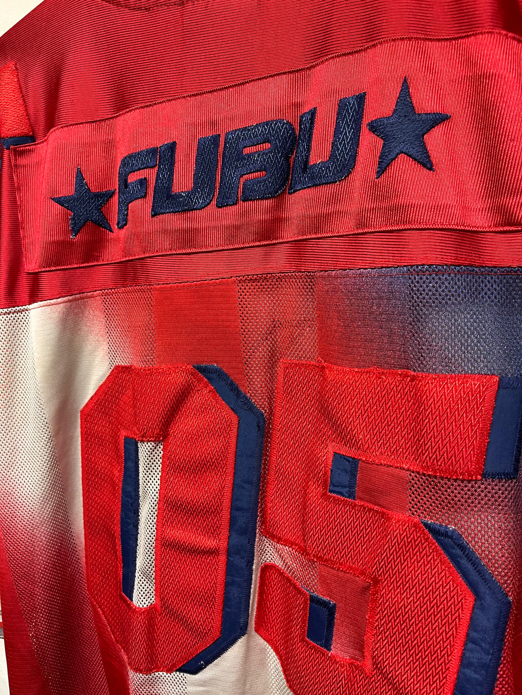 Vintage Fubu Red Blue Gradient Y2K Mesh Football Jersey: XL