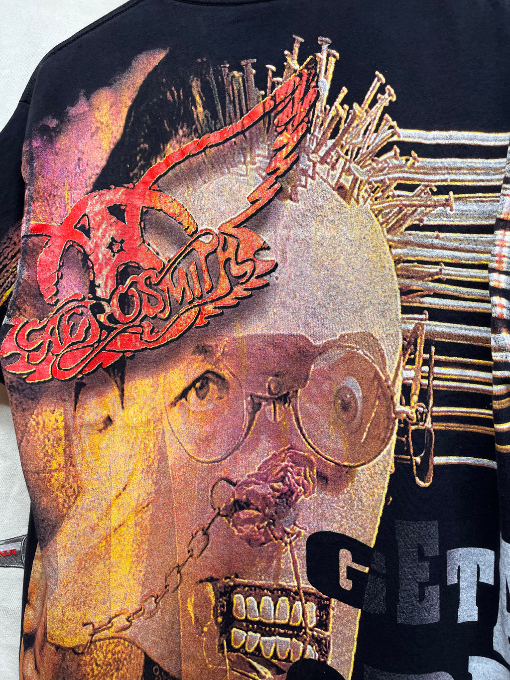 Vintage Aerosmith Get A Grip 1994 All Over Print Giant Black Band T-Shirt: Large