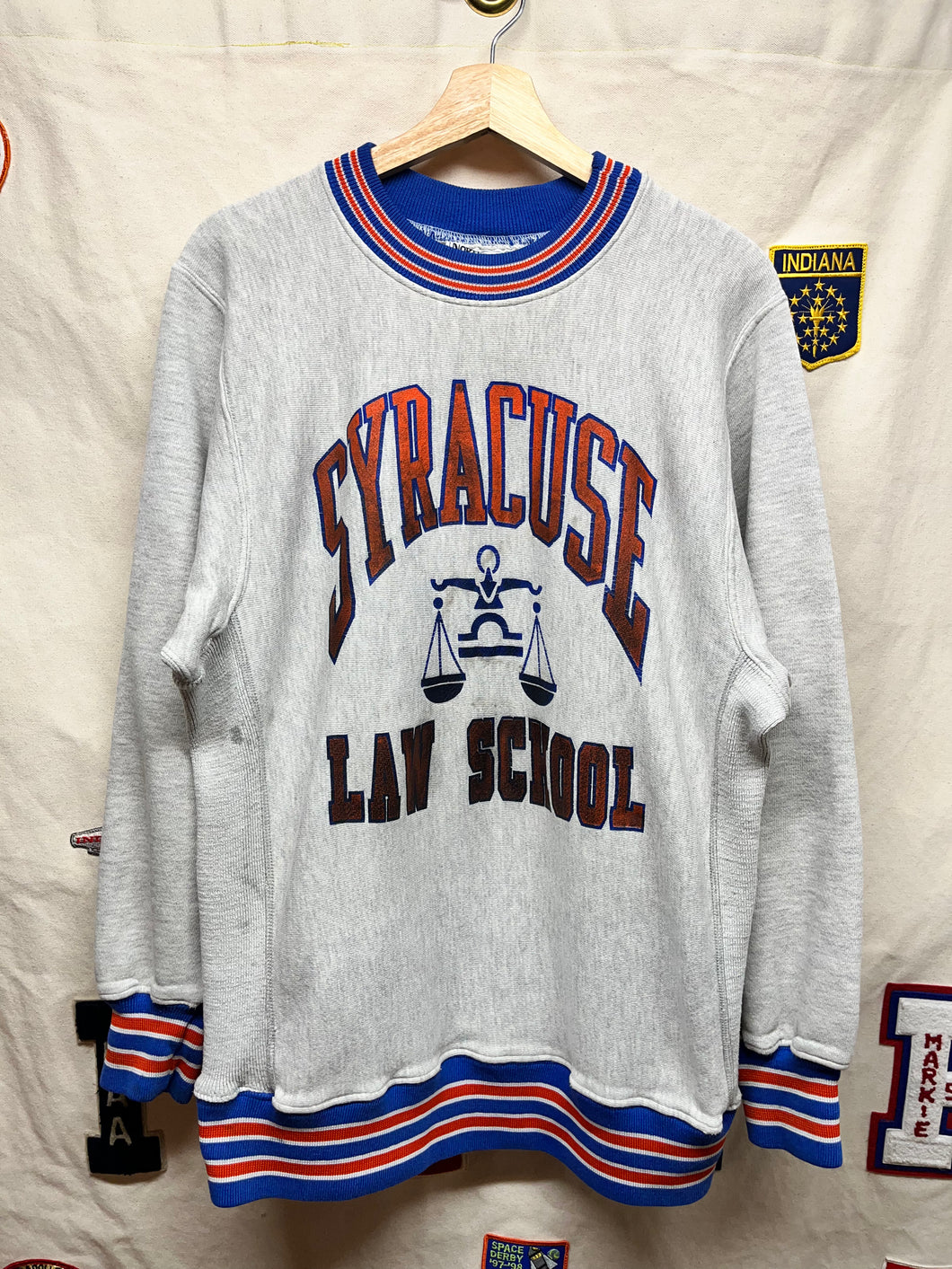 Vintage Syracuse University Law School Grey Reverse Weave Striped Cuffs Crewneck Sweatshirt: Large