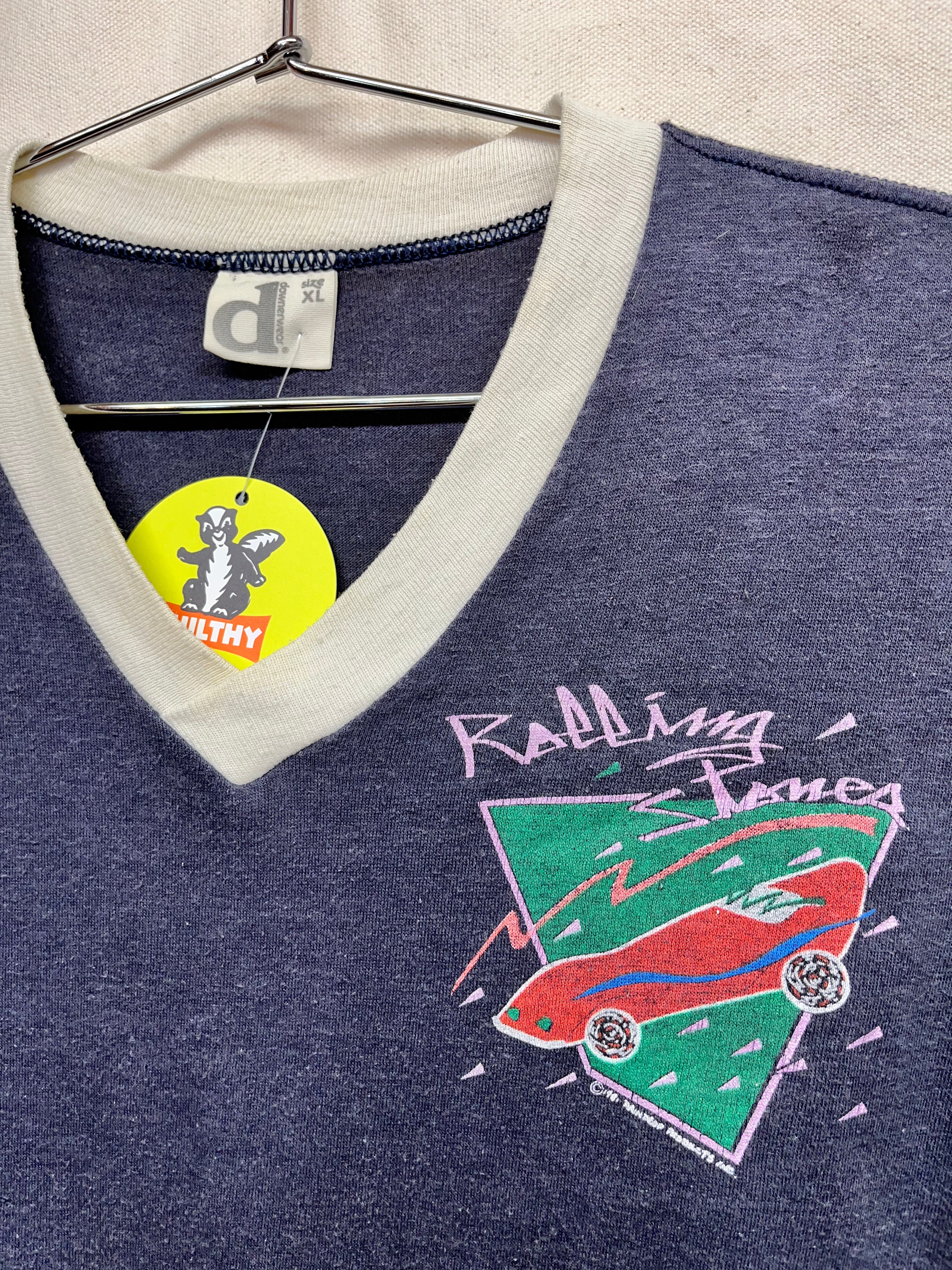 Vintage Rolling Stones 1981 American Tour Downerwear Navy V-Neck T-Shirt: XL