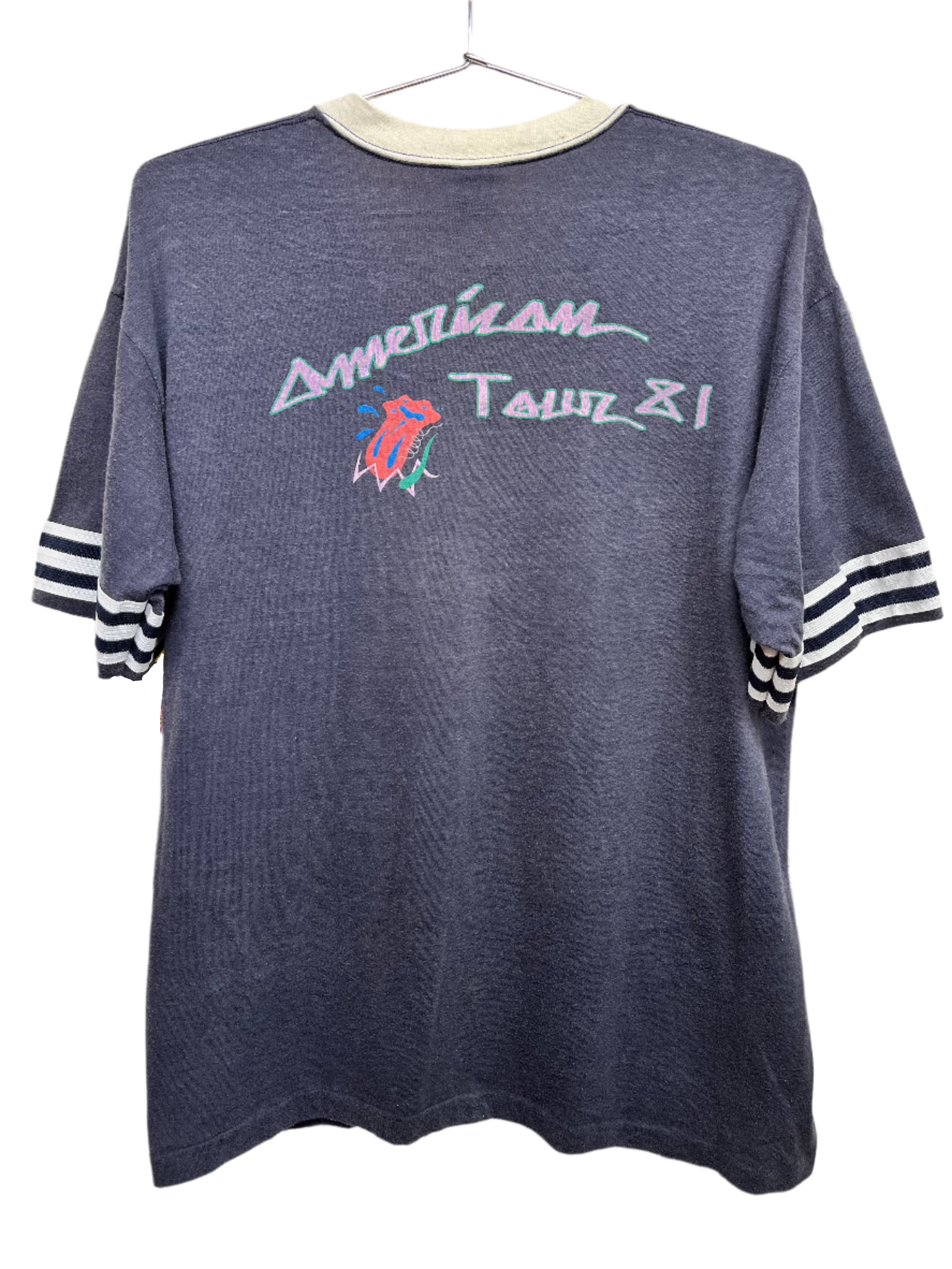 Vintage Rolling Stones 1981 American Tour Downerwear Navy V-Neck T-Shirt: XL