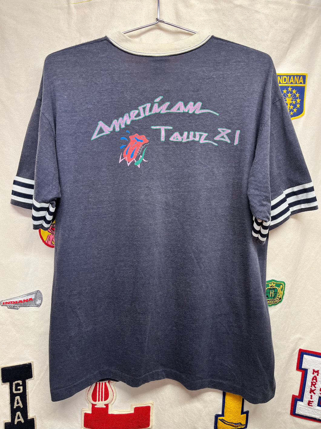 Vintage Rolling Stones 1981 American Tour Downerwear Navy V-Neck T-Shirt: XL