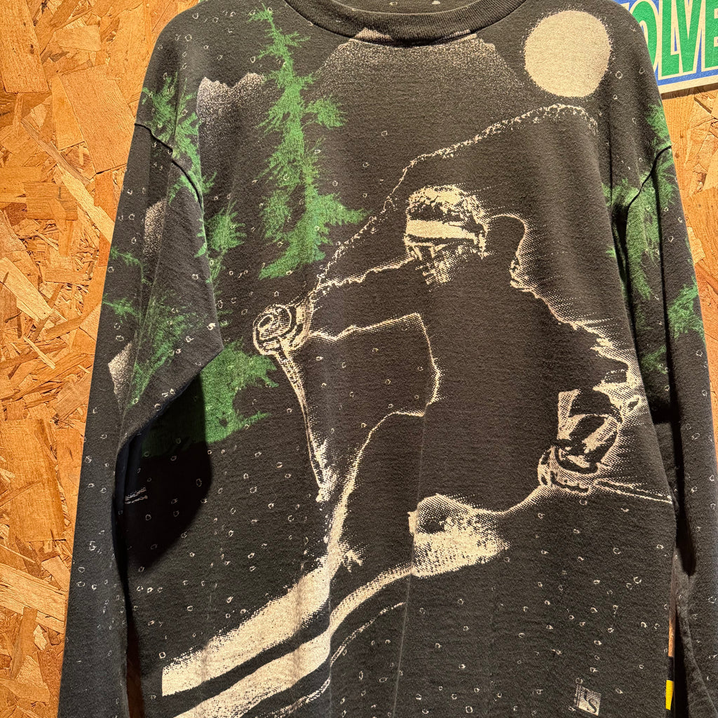 Vintage Mountain Skiing Long Sleeve All-Over Graphic T-Shirt: XL