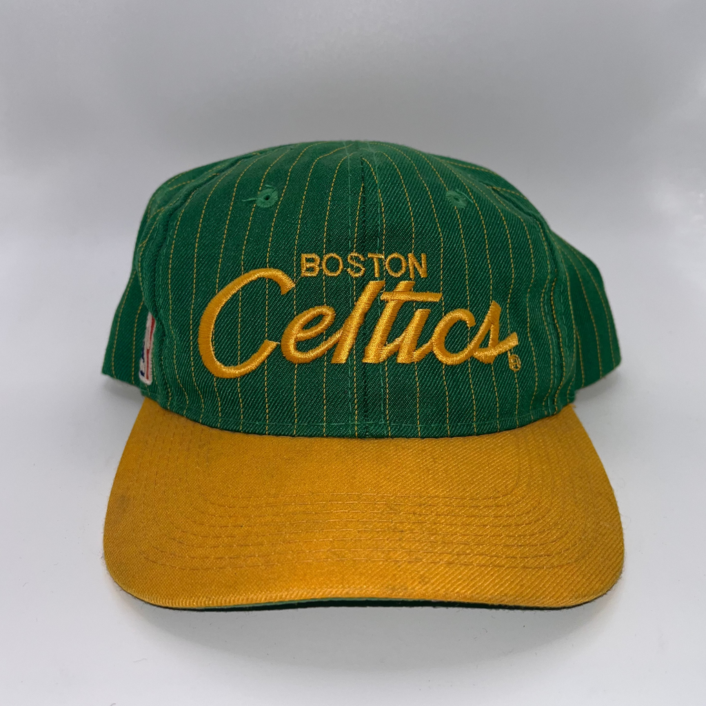 Vintage Boston Celtics Script Pinstripe NBA Sports Specialties Green Yellow Snapback Hat