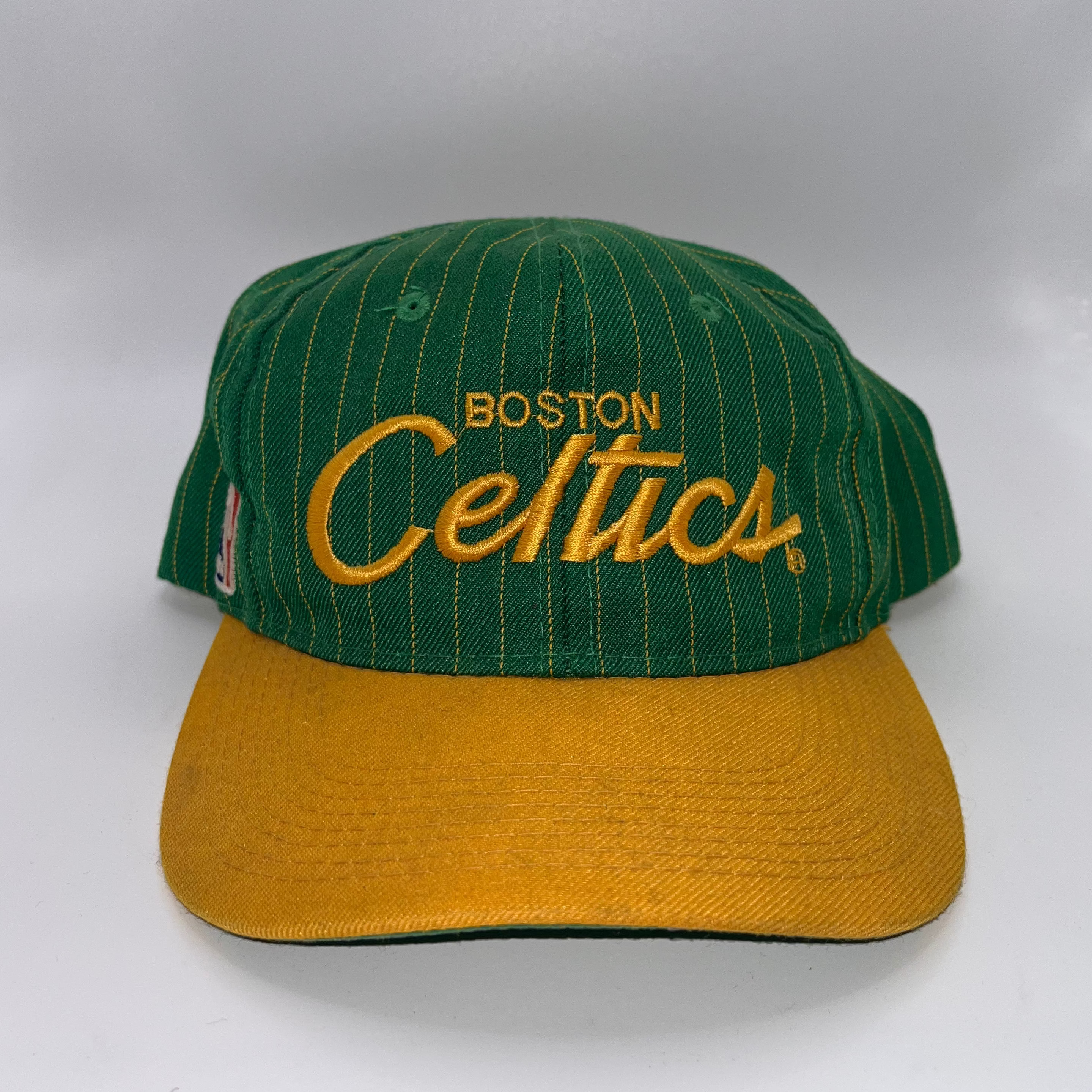 Vintage Boston Celtics Script Pinstripe NBA Sports Specialties Green Yellow Snapback Hat