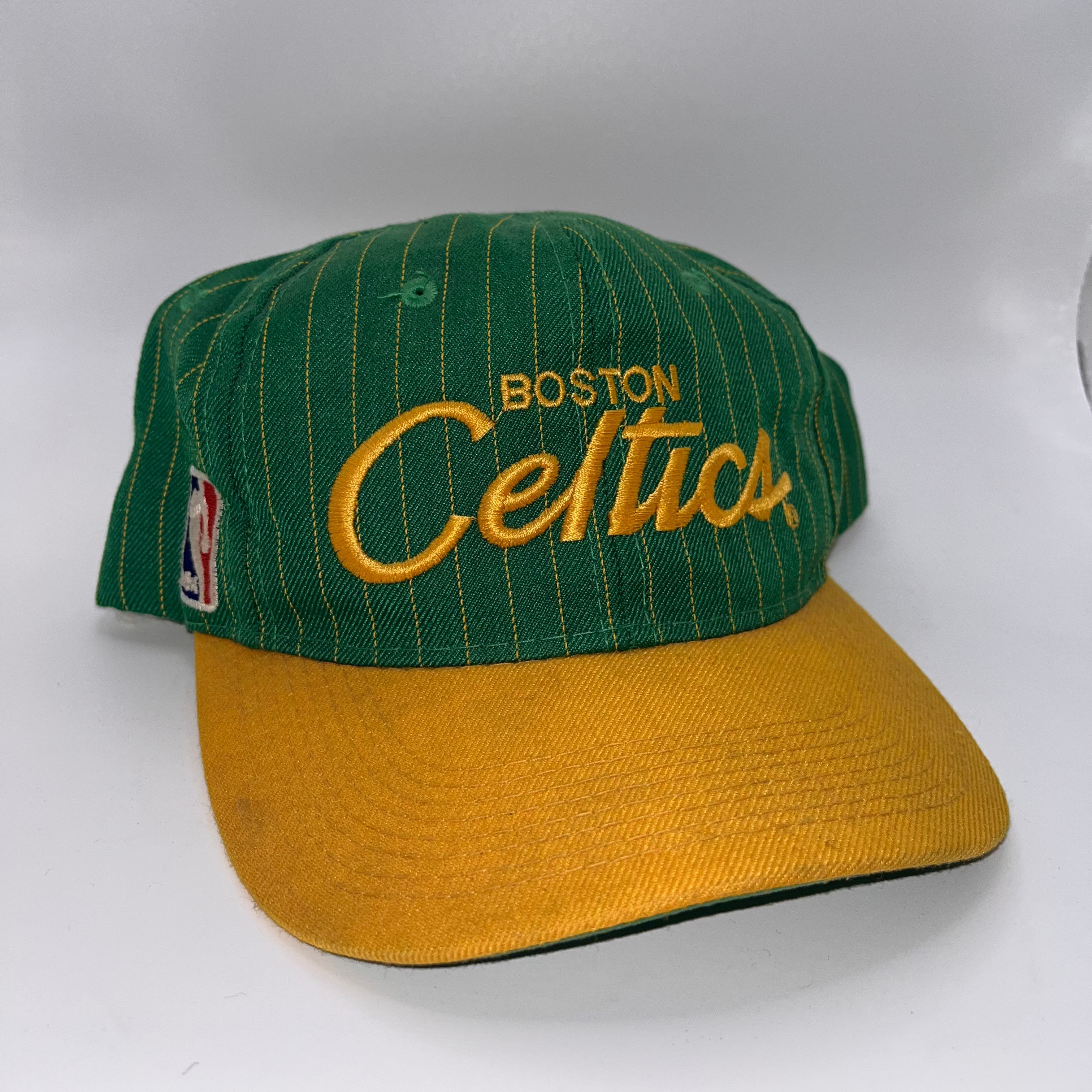 Vintage Boston Celtics Script Pinstripe NBA Sports Specialties Green Yellow Snapback Hat