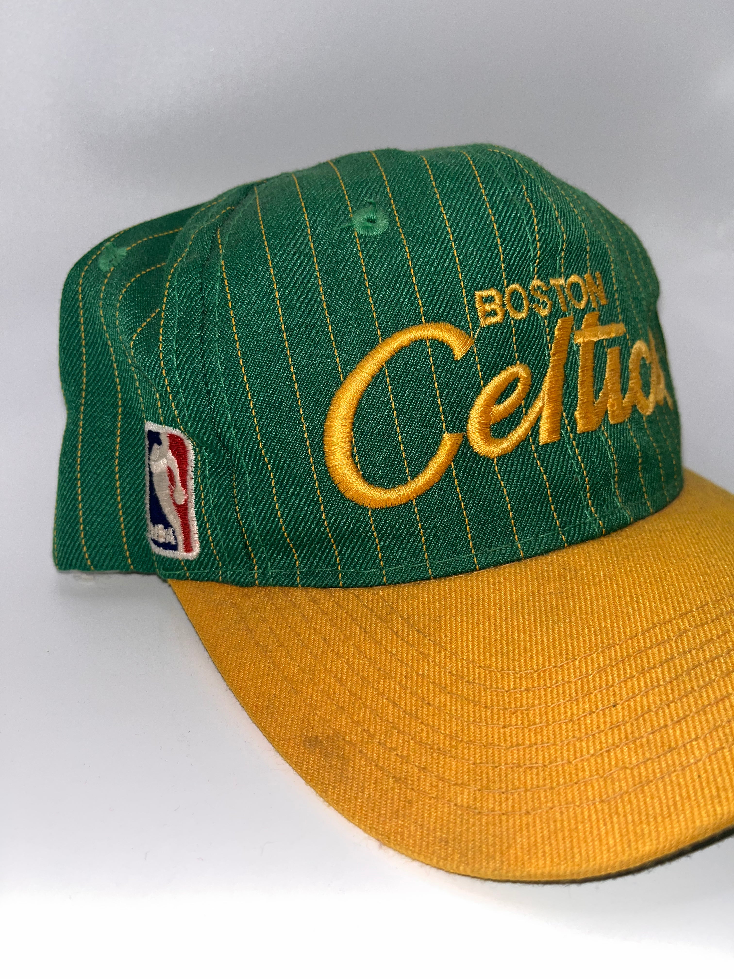 Vintage Boston Celtics Script Pinstripe NBA Sports Specialties Green Yellow Snapback Hat