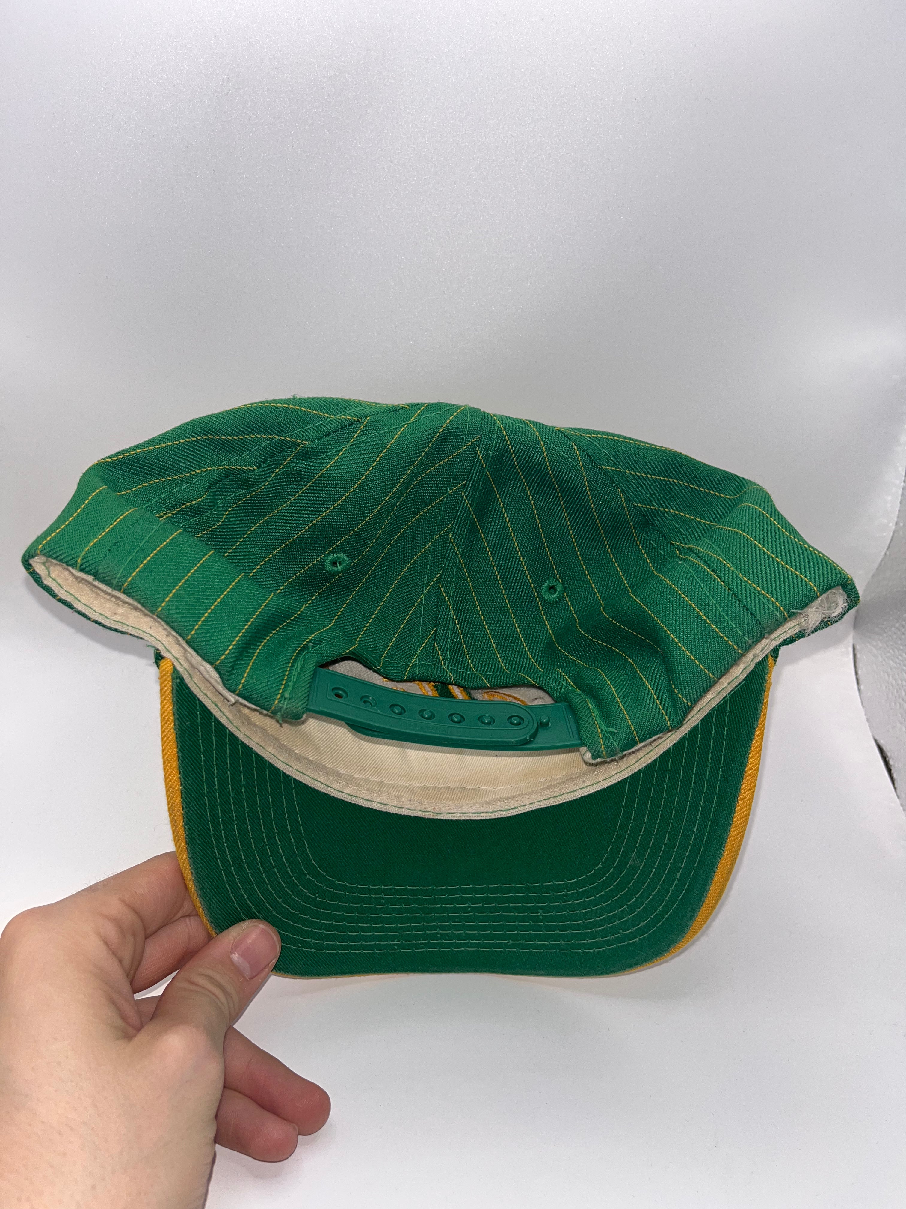 Vintage Boston Celtics Script Pinstripe NBA Sports Specialties Green Yellow Snapback Hat