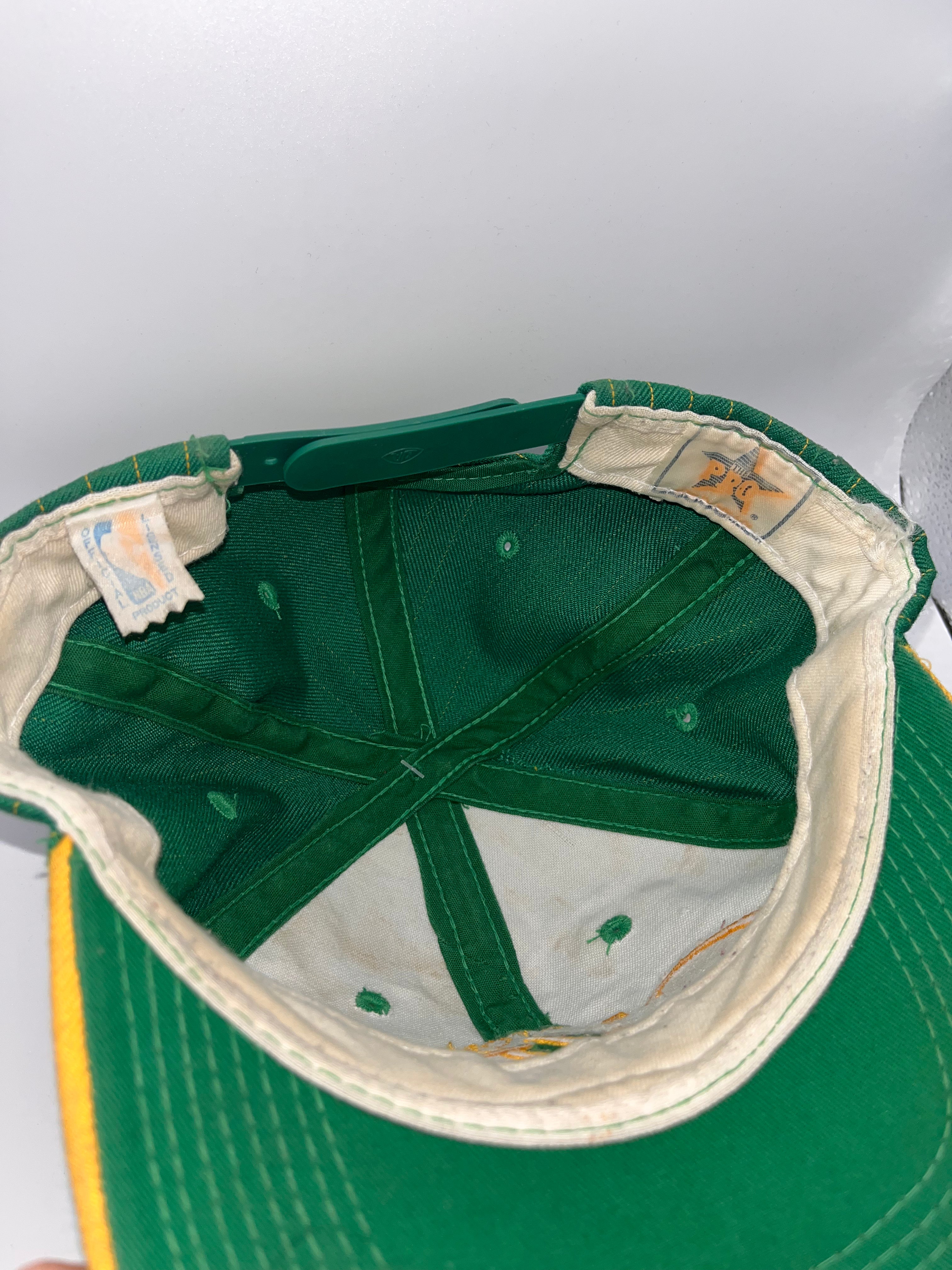 Vintage Boston Celtics Script Pinstripe NBA Sports Specialties Green Yellow Snapback Hat