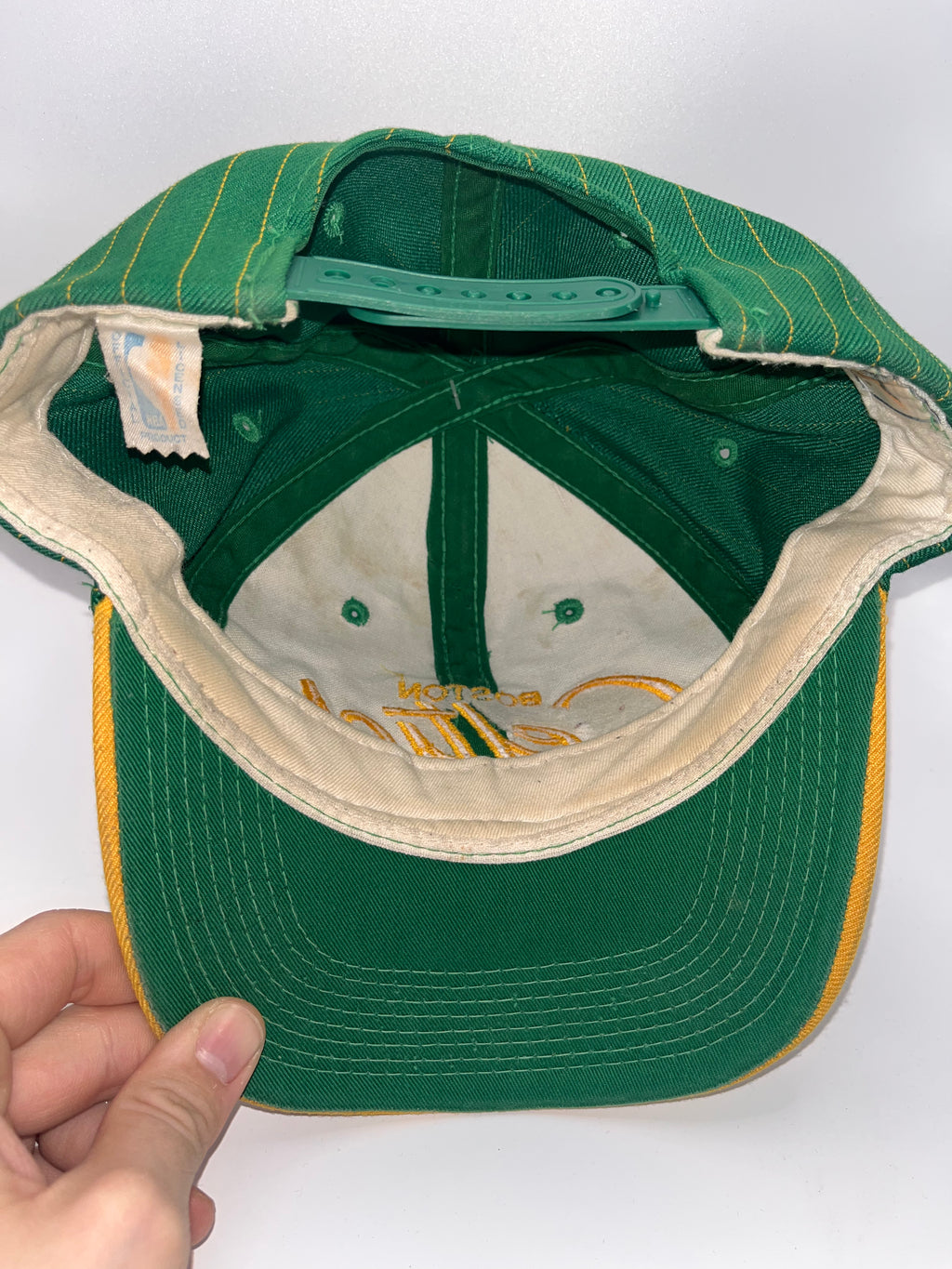Vintage Boston Celtics Script Pinstripe NBA Sports Specialties Green Yellow Snapback Hat