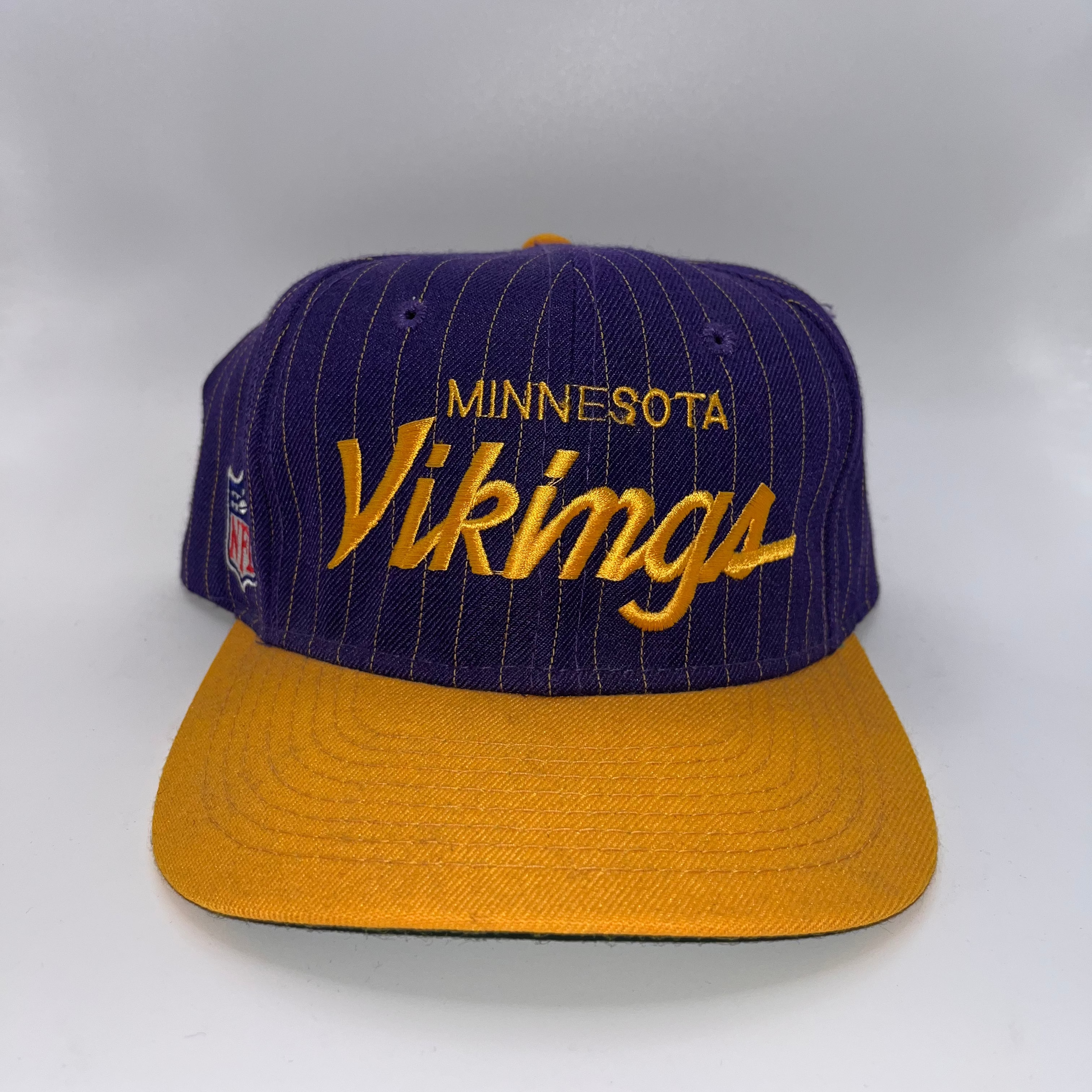 Vintage Minnesota Vikings Script NFL Sports Specialties Pinstripe Purple Yellow Snapback Hat