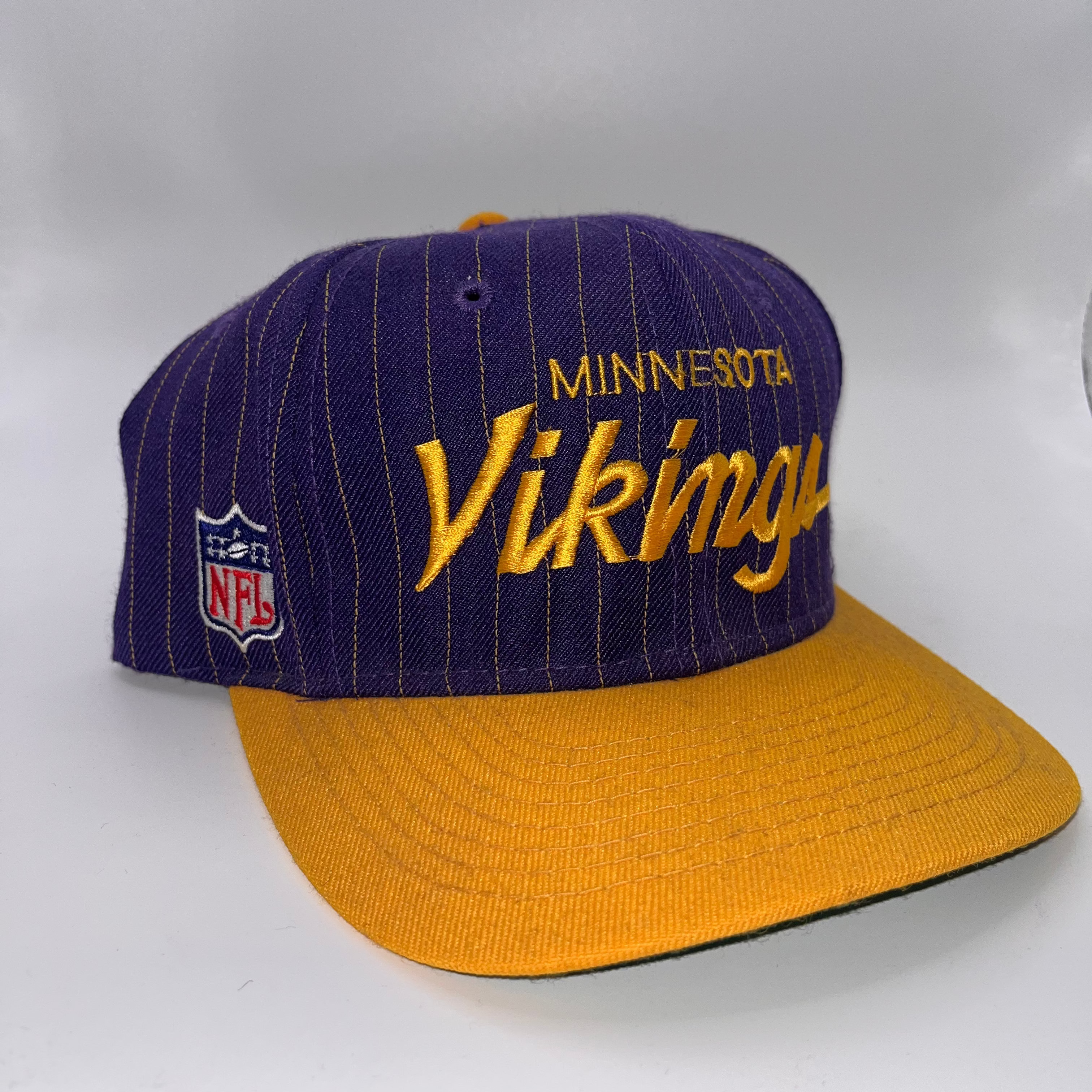 Vintage Minnesota Vikings Script NFL Sports Specialties Pinstripe Purple Yellow Snapback Hat