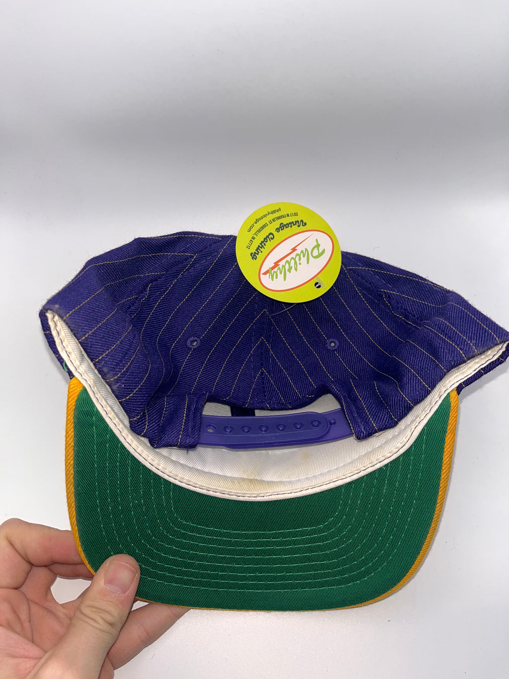 Vintage Minnesota Vikings Script NFL Sports Specialties Pinstripe Purple Yellow Snapback Hat