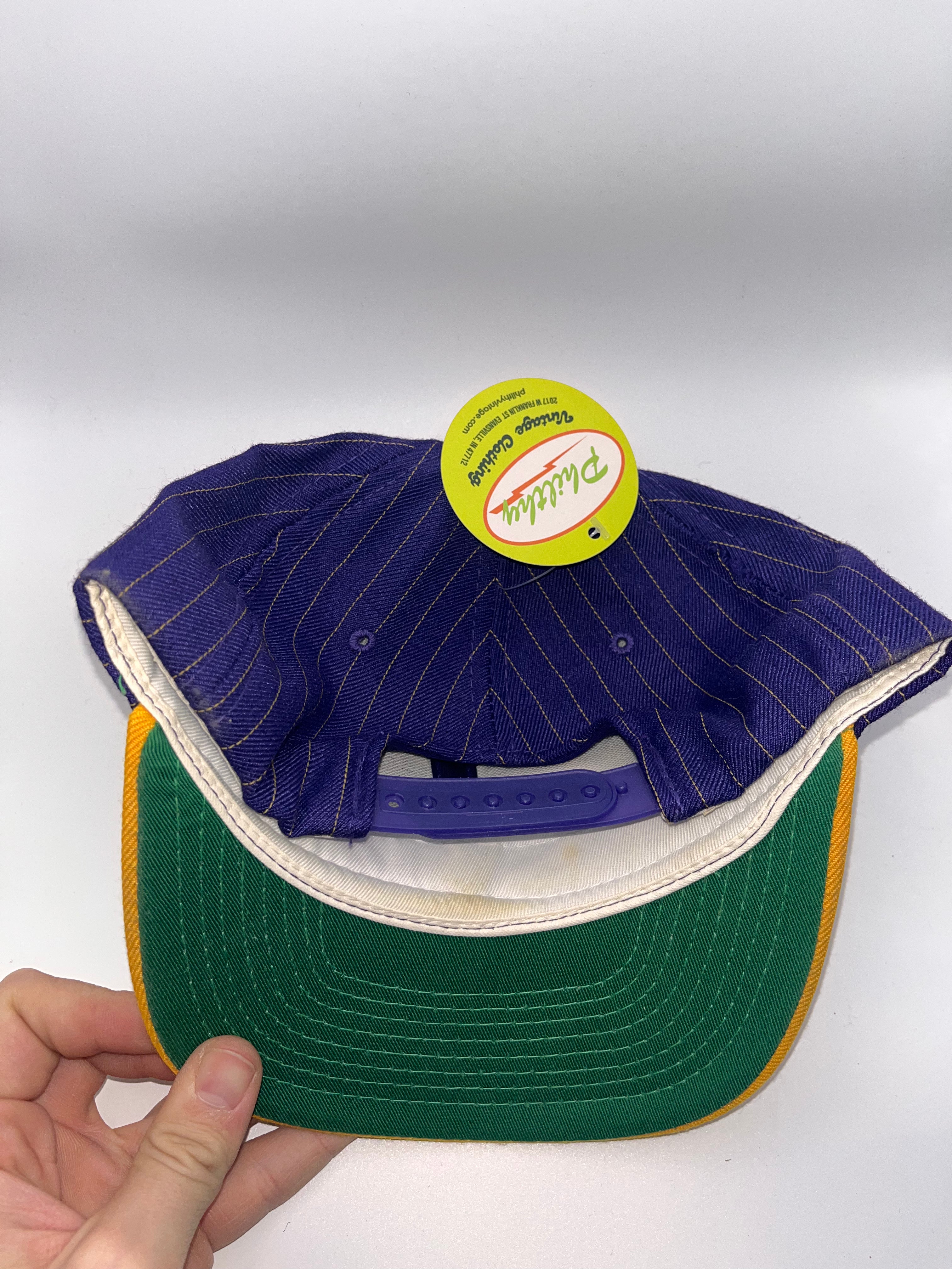 Vintage Minnesota Vikings Script NFL Sports Specialties Pinstripe Purple Yellow Snapback Hat