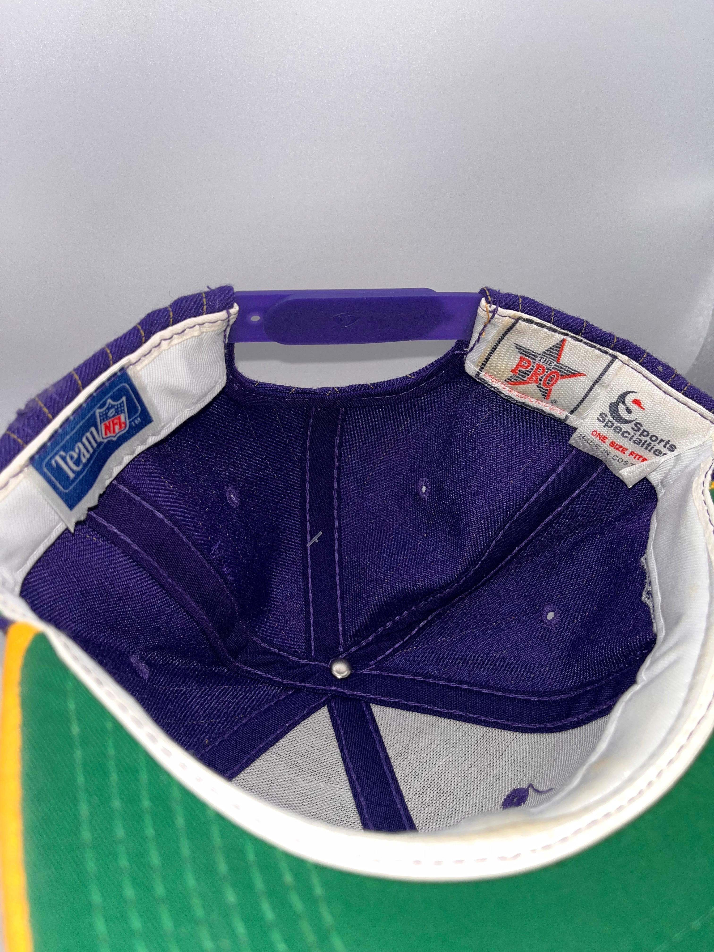 Vintage Minnesota Vikings Script NFL Sports Specialties Pinstripe Purple Yellow Snapback Hat