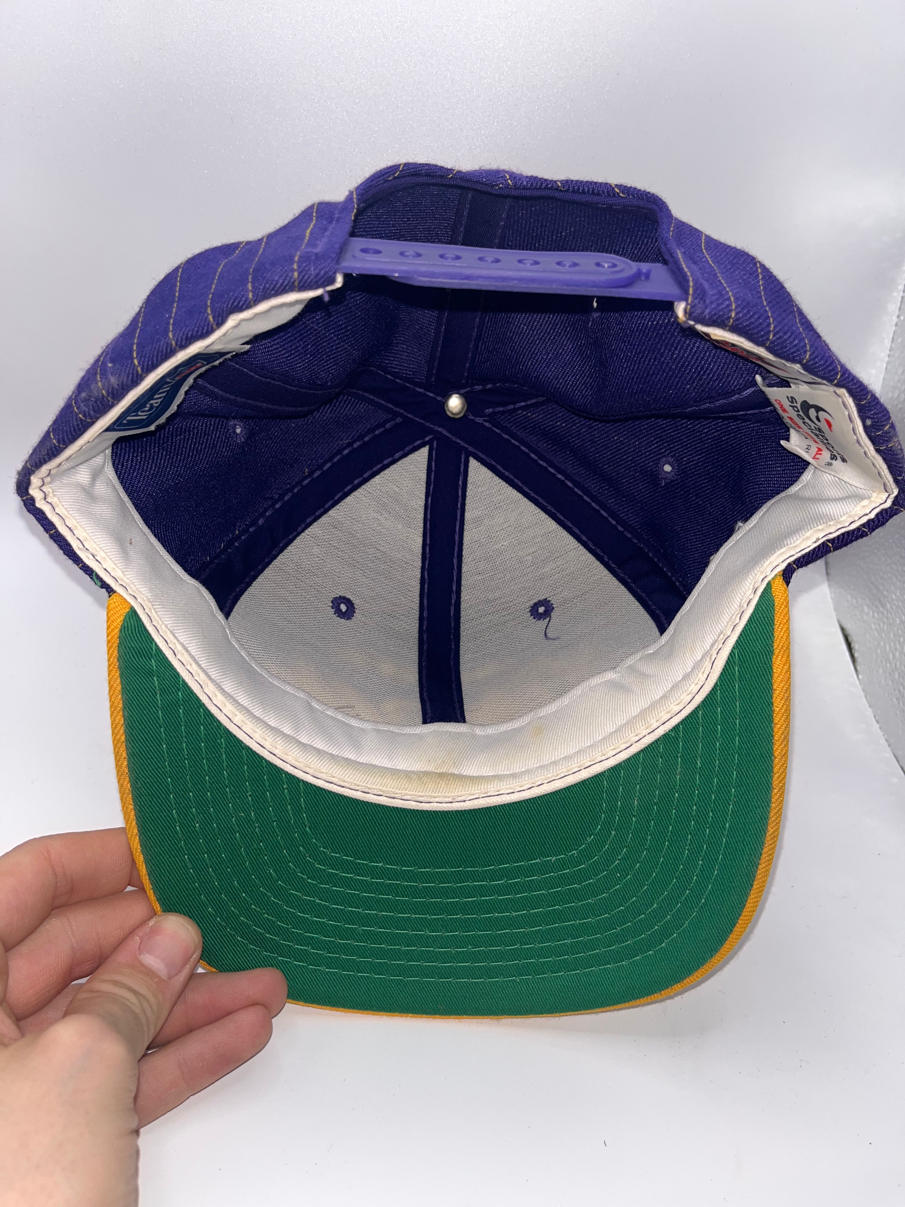 Vintage Minnesota Vikings Script NFL Sports Specialties Pinstripe Purple Yellow Snapback Hat