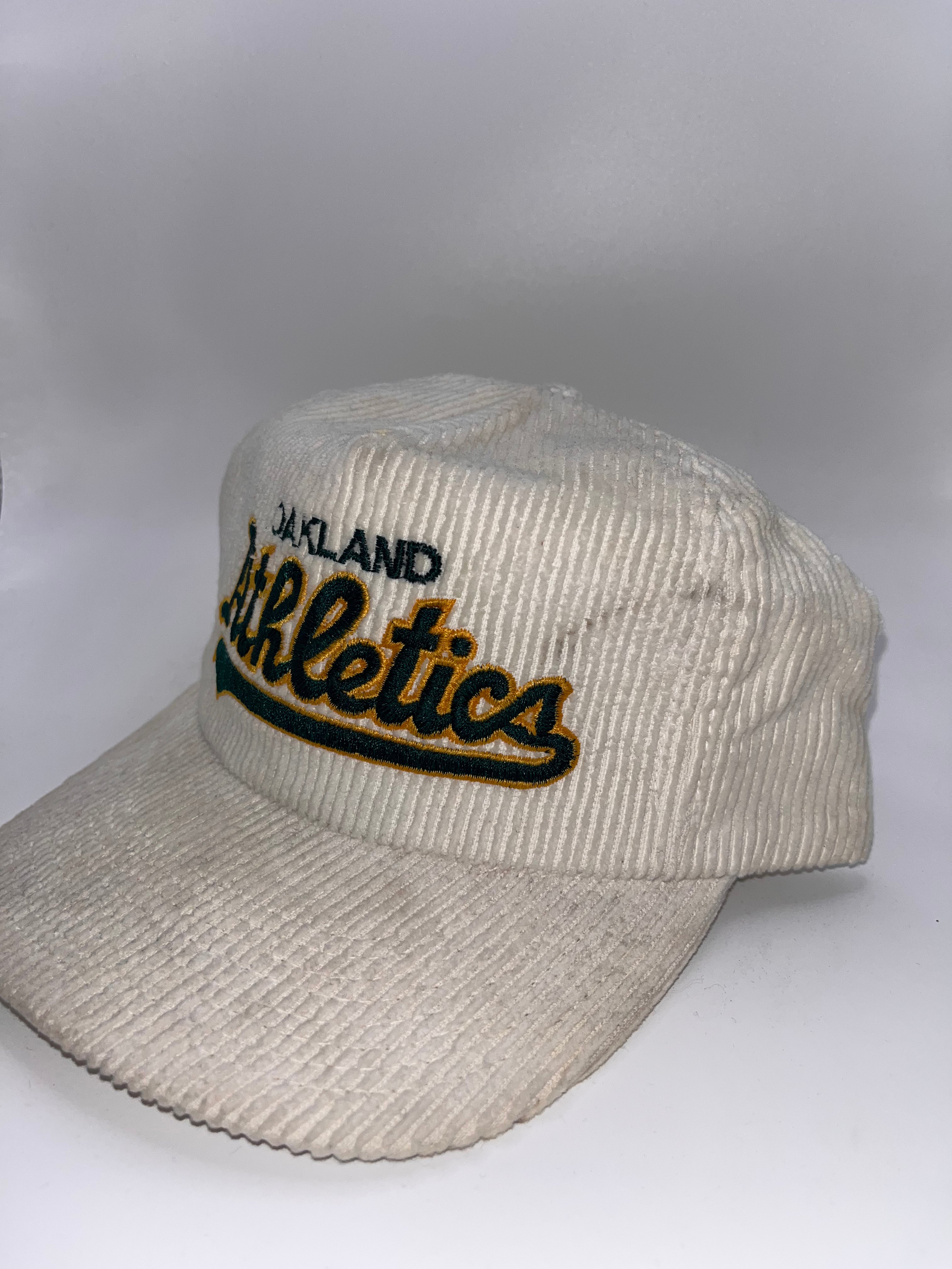 Vintage Oakland Athletics A's Sports Specialties ScriptWhite Corduroy Zip Back Hat