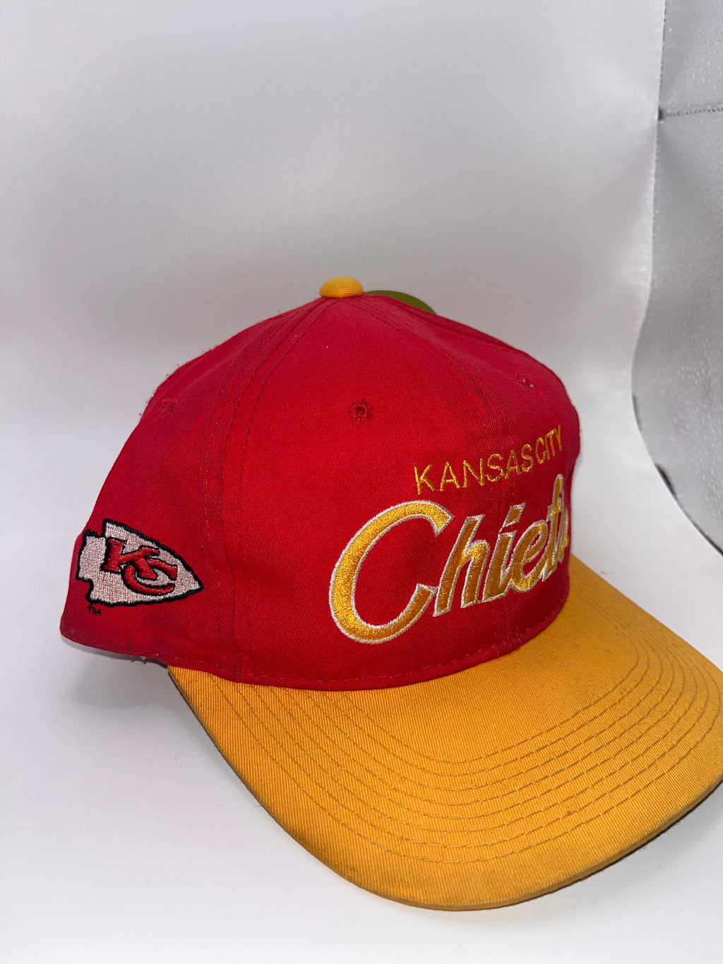 Vintage Kansas City Chiefs NFL Script Sports Specialties Red Yellow Snapback Hat